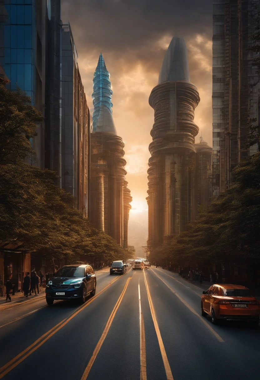 Highest image quality,Exquisitely,sense of science and technology,In the middle of the road、There are buses to drive through cities of advanced civilization,China's loft towers like clouds,The road is lined with magnificent wooden buildings,The sky is full of brilliant stars and fantastic stars,One by one, The aircraft flew with blue light。