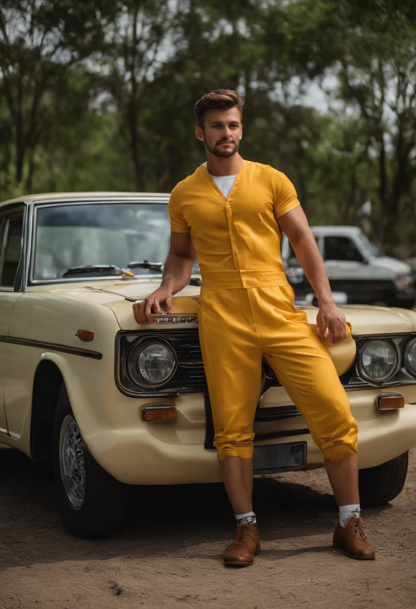 Um homem de meia-idade vestido de cientista da Honda, com cabelos curtos um pouco calvo e grisalho, segurando um desenho, a very arrogant and proud expression, abrindo a boca e rindo, And the backdrop is a large car testing workshop with dummy and safety symbol.
