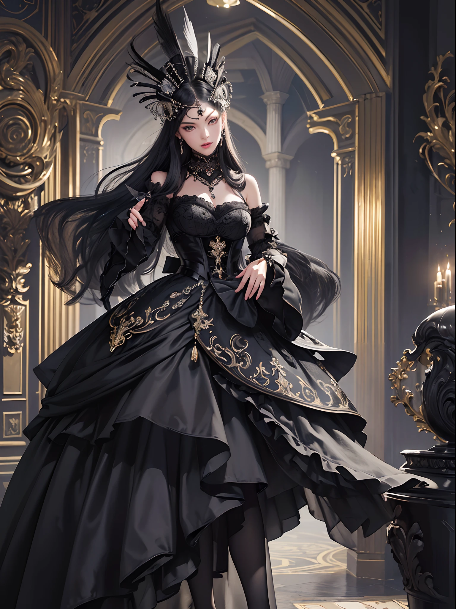 Black cat motif、Black and silver tones、Vibrant colors、((masterpiece)))、(((top-quality)))、((ultra-detailliert))、(A hyper-realistic)、(highly detailed CGillustration)、Official art、Rome in the late 19th century、Decadent、Madame Chat Noir、Masquerade、Elegance、Masks that cover most of the face、Colorful and detailed mask design、matchless beauty、Fans、Female Solo、gorgeous dress、jewely、Perfect Angle、rightward、perfect-composition、full body Esbian