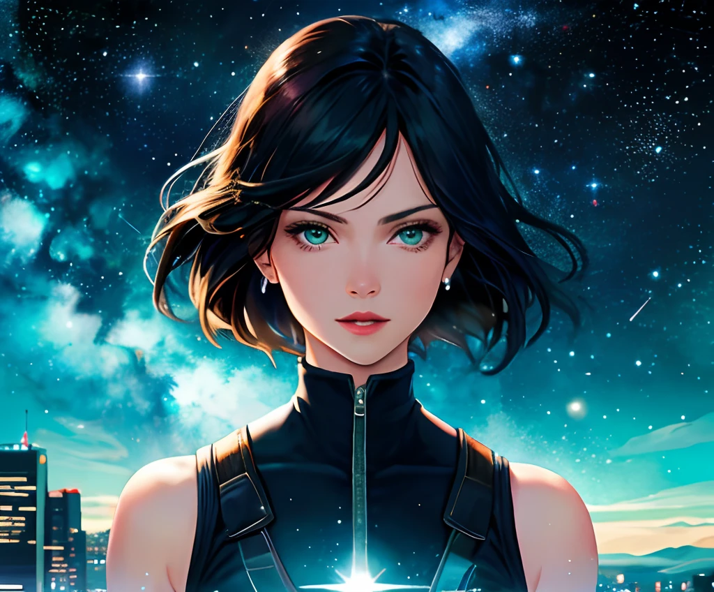 Estrela polar,maravilha,mutante,cabelos verdes(best quality:1.2),ultra-detalhado,Realistic:1.37,Retratos,vivid colors,studio lighting,Bokeh,cosmic energy,heroic pose,moda moderna,Cityscape,cena noturna,belos olhos detalhados,String of Bright Stars, X-Men