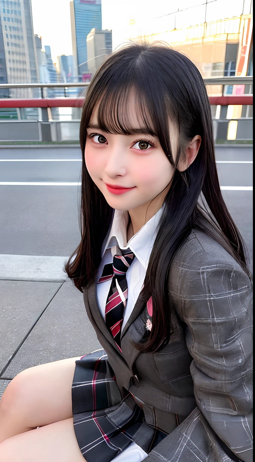 higtres,realistic,best quality, masterpiece,high-contrast,
1girl,school uniform,
(beautiful detailed face and black eyes),(beautiful detailed body),,blush,smile,open mouth,sitting,thin thighs,legs apart,
night,outdoors,Tokyo city,sky,bridge,midnight,Star,