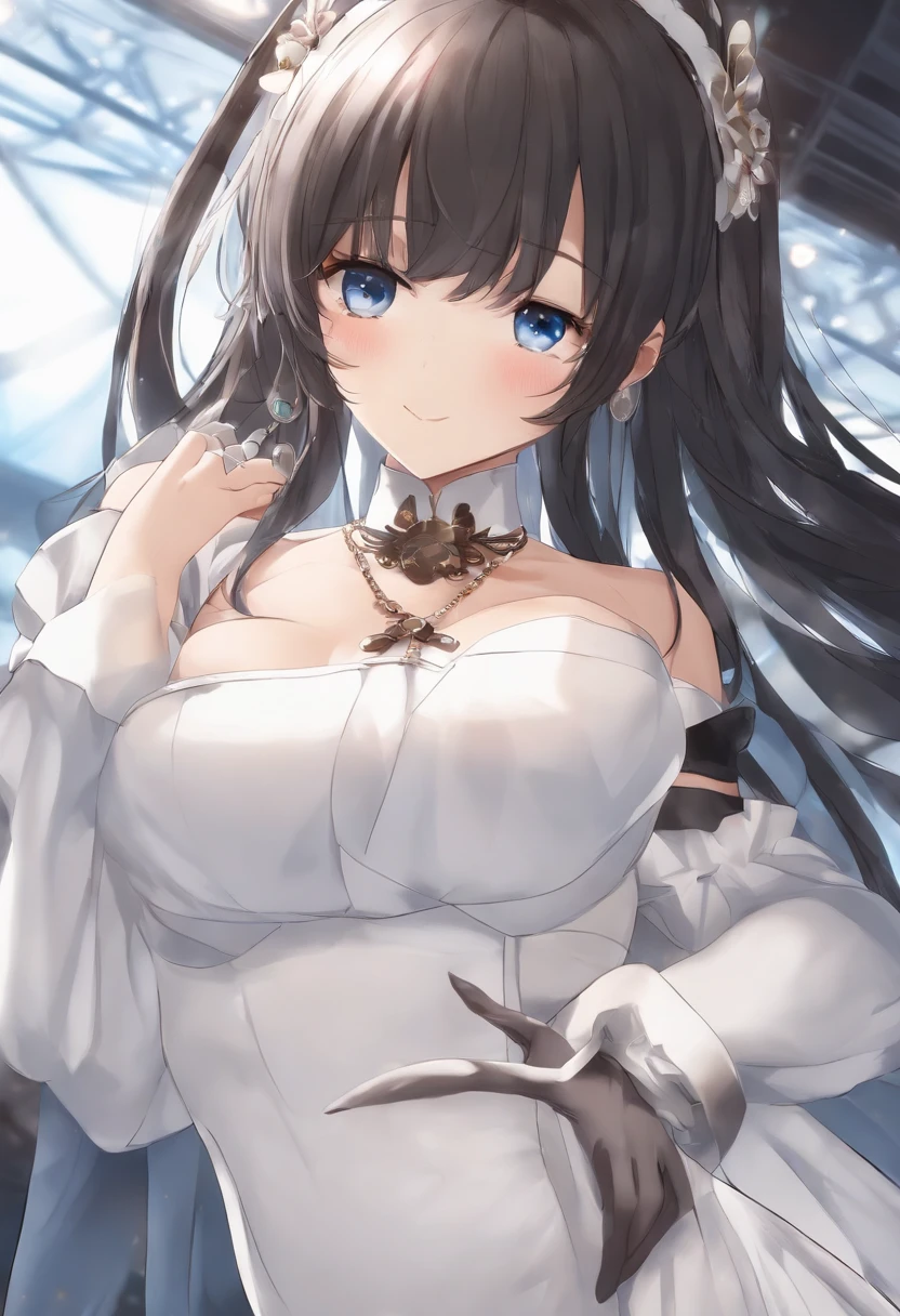 sagisawa fumika, 1girl in, Solo, Watch, Watching Now, Blue eyes, breasts, gloves, tiarra, Dress, Long hair, cleavage, Looking at Viewer, White Gloves, Bare shoulders, Open mouth, Large breasts, Strapless, Choker, blush, White Dress, Black hair, Brown hair, hair between eye, straplessdress, 鎖骨, Smile, Bangs, On stage,
