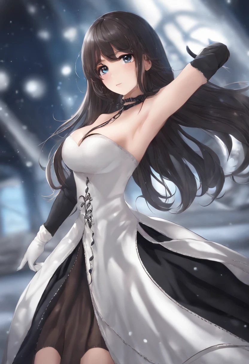 sagisawa fumika, 1girl in, Solo, Watch, Watching Now, Blue eyes, , gloves, tiarra, Dress, Long hair, cleavagng at Viewer, White Gloves, Bare shoulders, Open mouth, Large breasts, Straploker, blush, White Dress, Black hair, Brown hair, hair between eye, straplessdress, 鎖骨, Smile, Bangs, On stage,