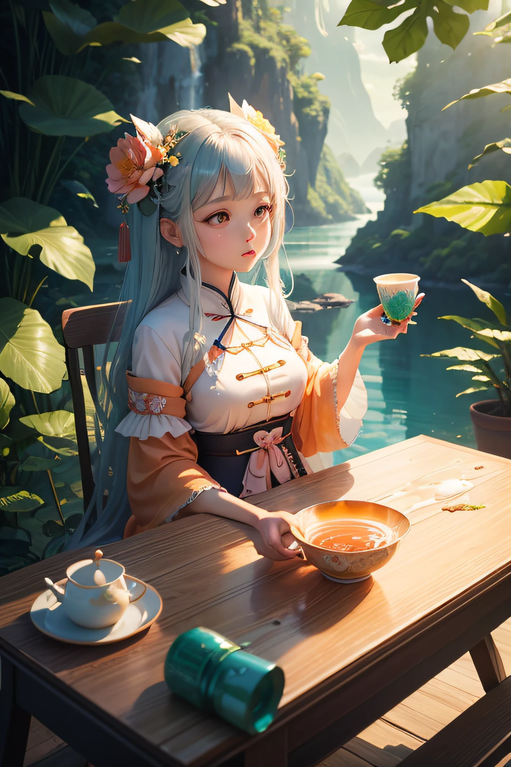 (tmasterpiece、high high quality、best qualityer、officla(paper cup)、(Still life photography)、(Surreal dream style)、Artistically、Aesthetic:1.2)、Paper cups surrounded by emerald landscapes、Milky transparent water、Chinese Three-Dimensional Mountain Water Painting、Chinese landscape painting of the Song Dynasty、orange color theme、Peach blossoms bloom,Surrealist dream style、Cream organic fluid、light traces、Foreground occlusion、Natural soft light、jungles、C4D、OC Render、fotografia do produto、