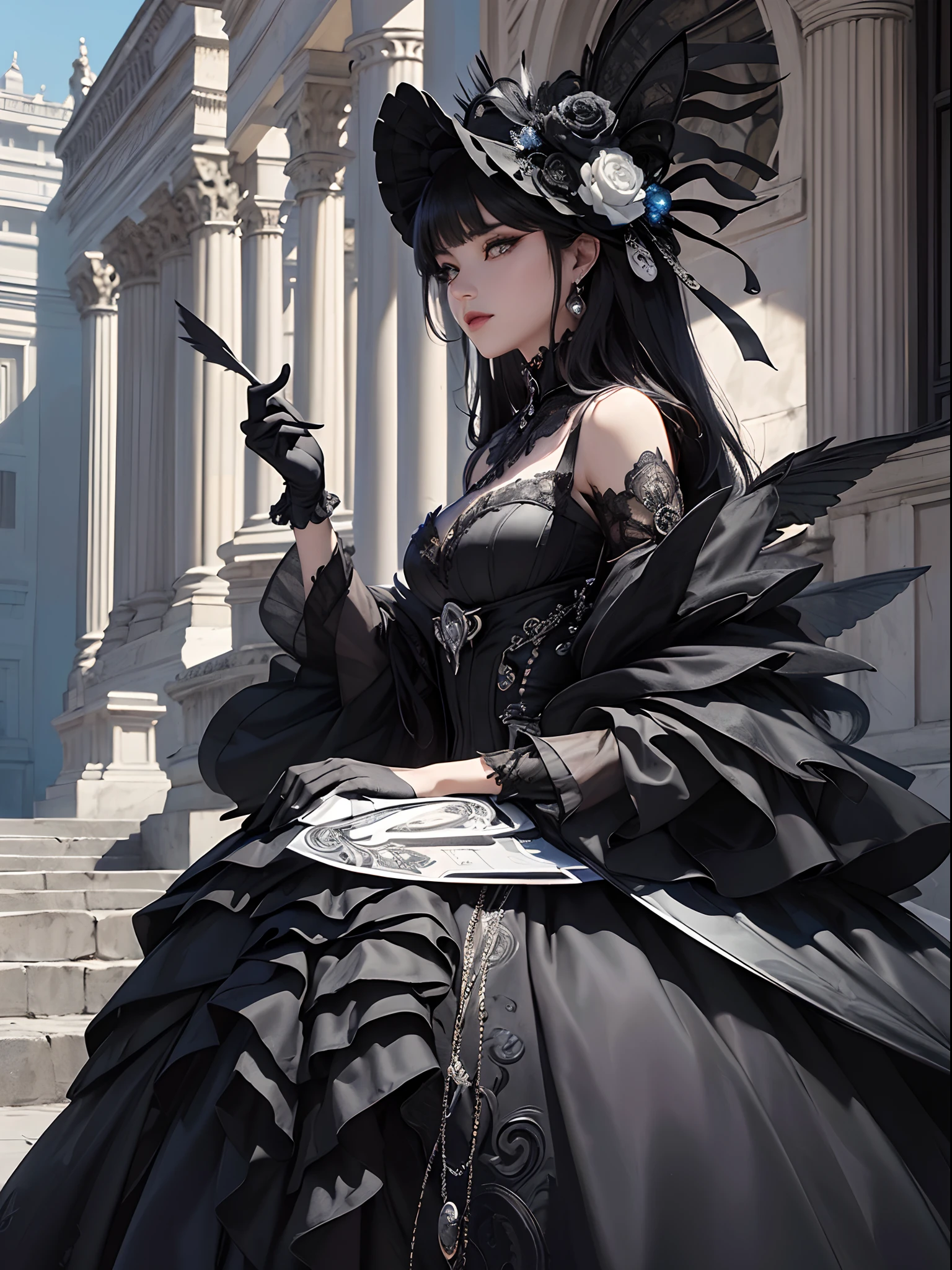 Black cat motif、Black and silver tones、Vibrant colors、((masterpiece)))、(((top-quality)))、((ultra-detailliert))、(A hyper-realistic)、(highly detailed CGillustration)、Official art、Rome in the late 19th century、Decadent、Madame Chat Noir、Masquerade、Elegance、Masks that cover most of the face、Colorful and detailed mask design、matchless beauty、Fans、Female Solo、gorgeous dress、jewely、Perfect Angle、rightward、perfect-composition、full body Esbian