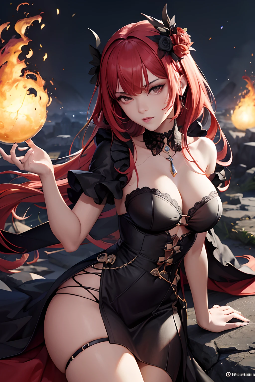 Rihanna ultra-détaillée se tient au sommet d’un tas de ruines en feu, Sa présence diabolique et insidieuse irradiant de sa couronne sombre et de sa robe de reine maléfique noire et rouge. Ses ailes de démon sur son dos et sa corne de démon lui donnent une aura invincible alors qu’elle déclenche une puissante vague de destruction d’un seul geste.