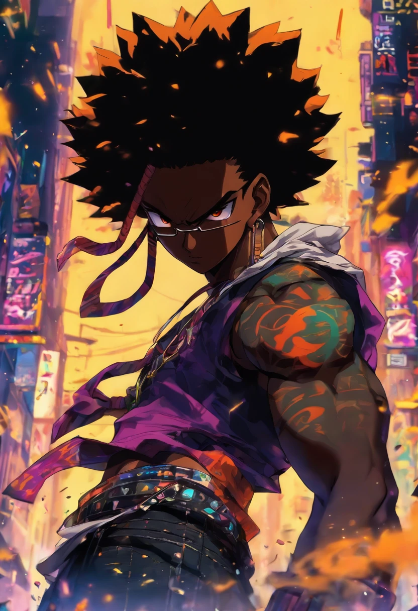 Garçon sexy samouraï jamaïcain, noir afro, Cheveux arc-en-ciel, yeux jaunes, peau foncée, Portez un sweat à capuche, et jeans déchirés, Des tonnes de tatouages et de piercings, Chef-d’œuvre parfait, Haute qualité, résolution élevée, avec des lunettes fond couleur noir,violet,jaune et orange qui travaille sur un ordinateur avec un collègue