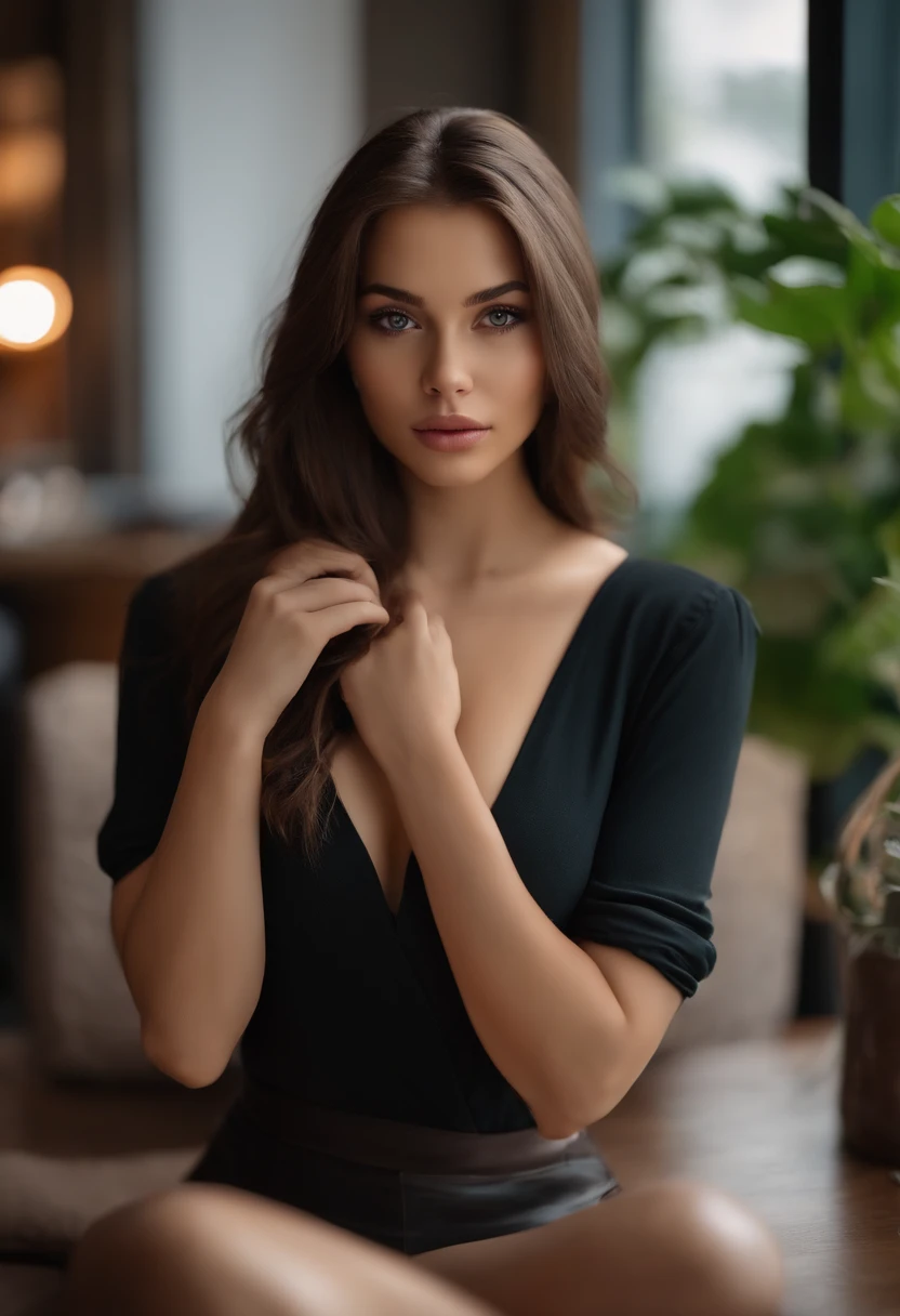arafed woman fully , sexy girl with brown eyes, ultra realistic, meticulously detailed, portrait sophie mudd, brown hair and large eyes, selfie of a young woman, in a coffee shop in the city, violet myers, without makeup, natural makeup, looking directly at the camera, face with artgram, subtle makeup, stunning full body shot kneeling on bed, in bedroom, medium to large size bust breasts out