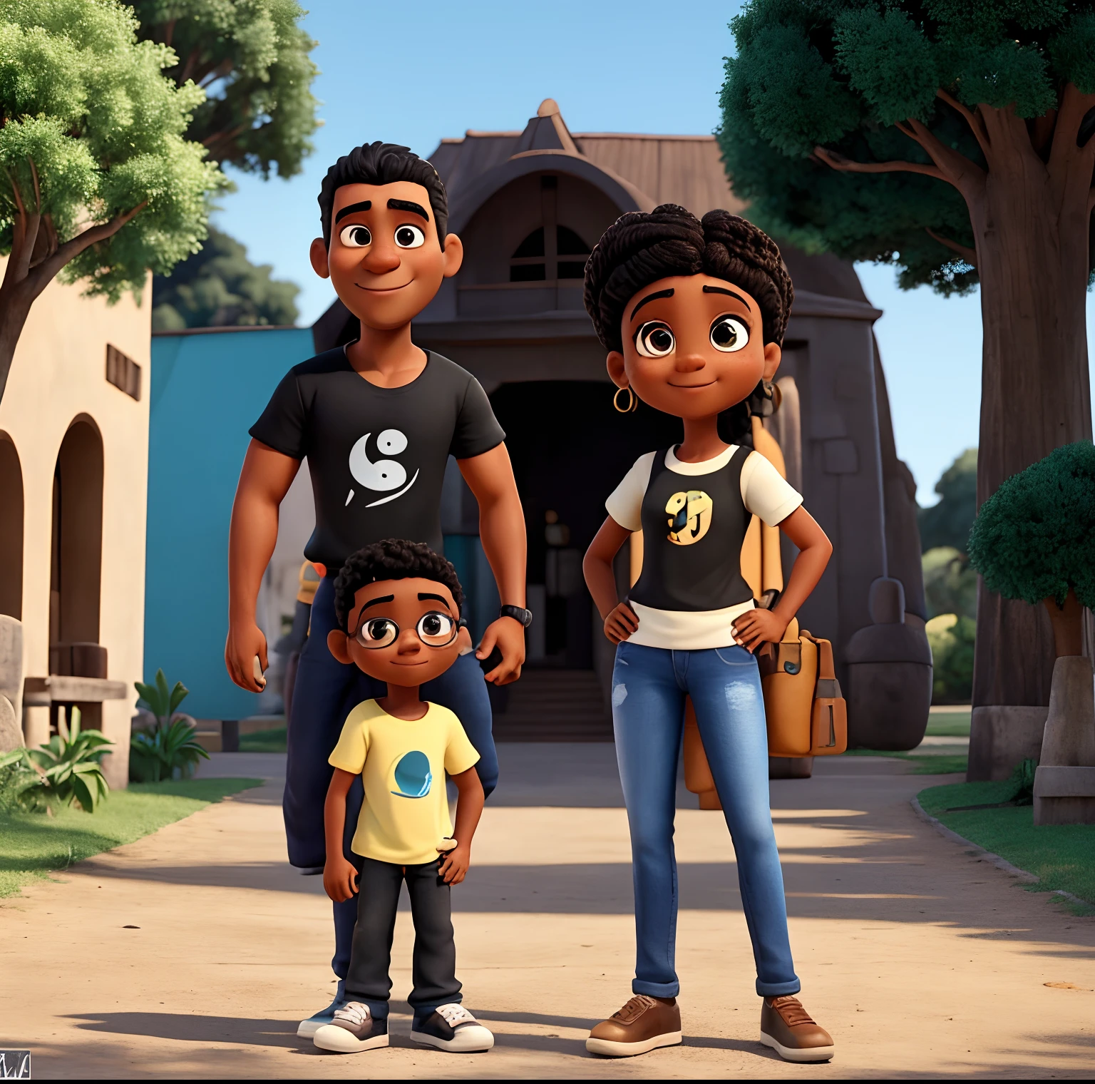 Foto familia pai negro careca de barba e oculos camiseta branca pai e mae jovens a mae mulher branca de cabelos longos loiros sorrindo um casal de filhos de 8 anos cabelo preto cacheado tom de pele pouco menos escura que o pai a meninao preto longo mesma altura e idade que o irmao magra linda, estao passeio no parque felizes e sorrindo os 4 estao juntos . Foto estilo Disney Pixar Animation