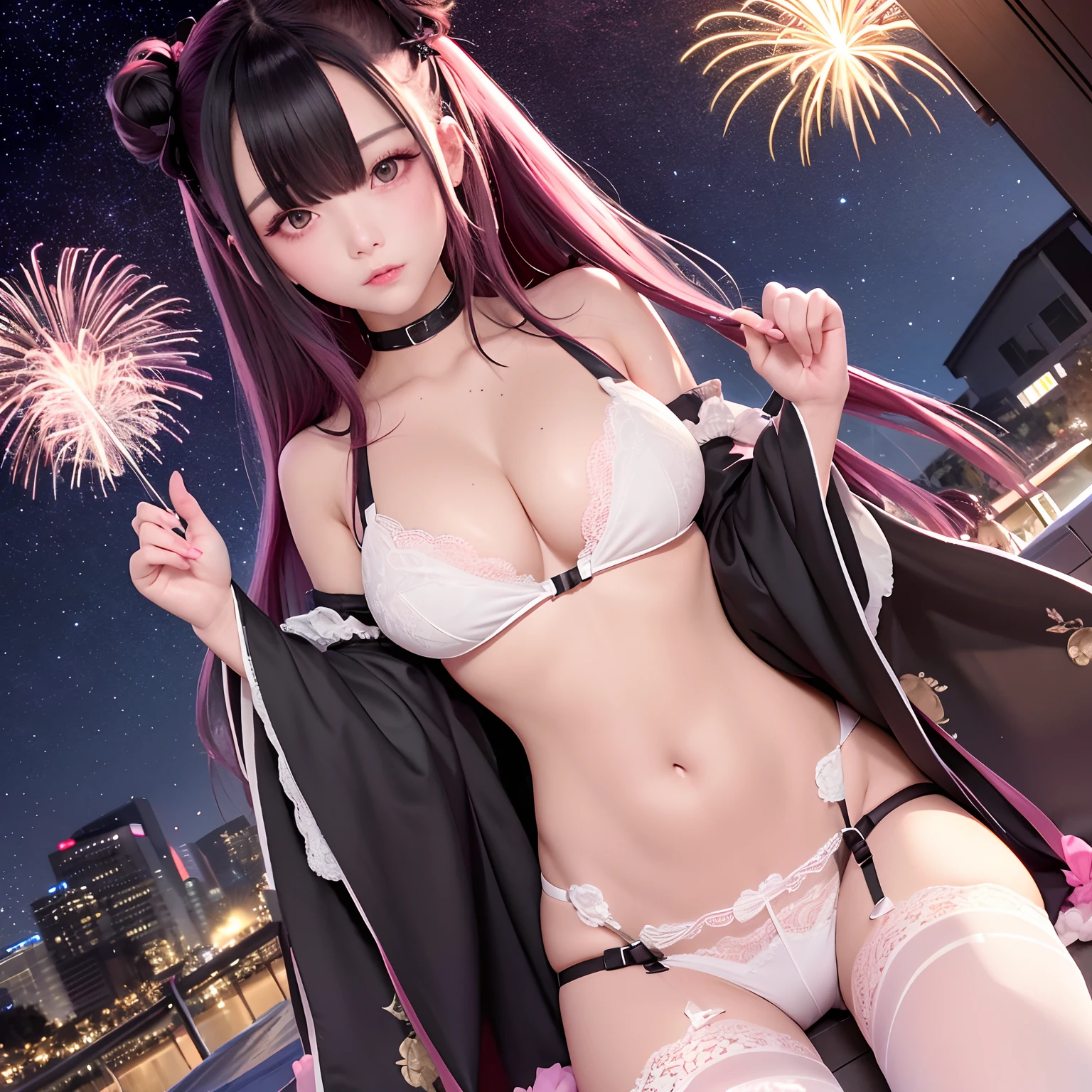 The upper part of the body、one girls、I have pink and black hair、Two-tone、Bun hair、Tremendously large breasts、nipple visible、Garter belt with lace、Pants with lace、gravure model,Gravure Pose、Japan anime-style odd-eye,in poolside、nighttime scene、Beautiful fireworks in the night sky、 itting open legs