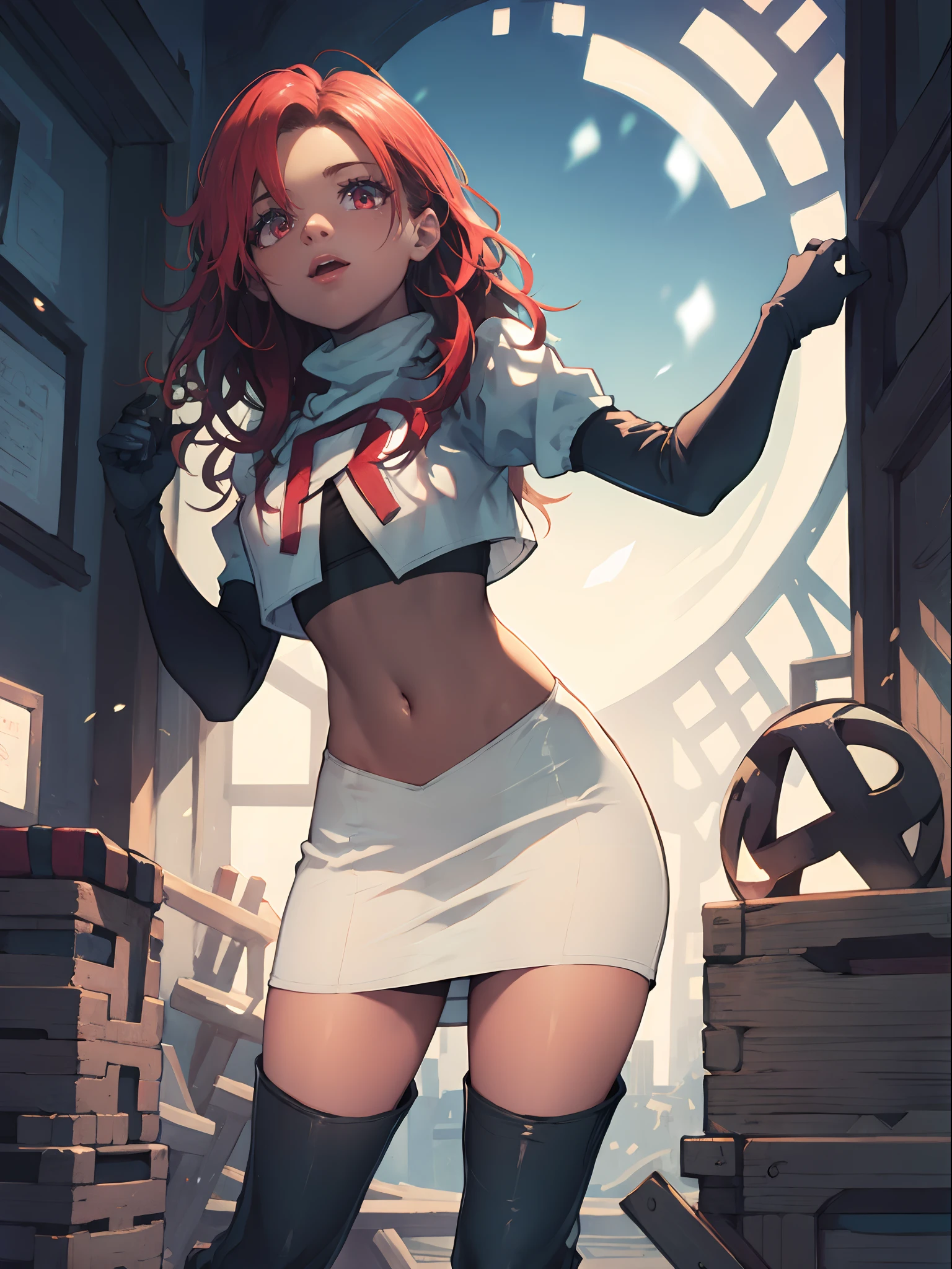 defHapi, team rocket, team rocket uniform, red letter R, white skirt, white crop top, black thigh-high boots, black elbow gloves, looking at viewer