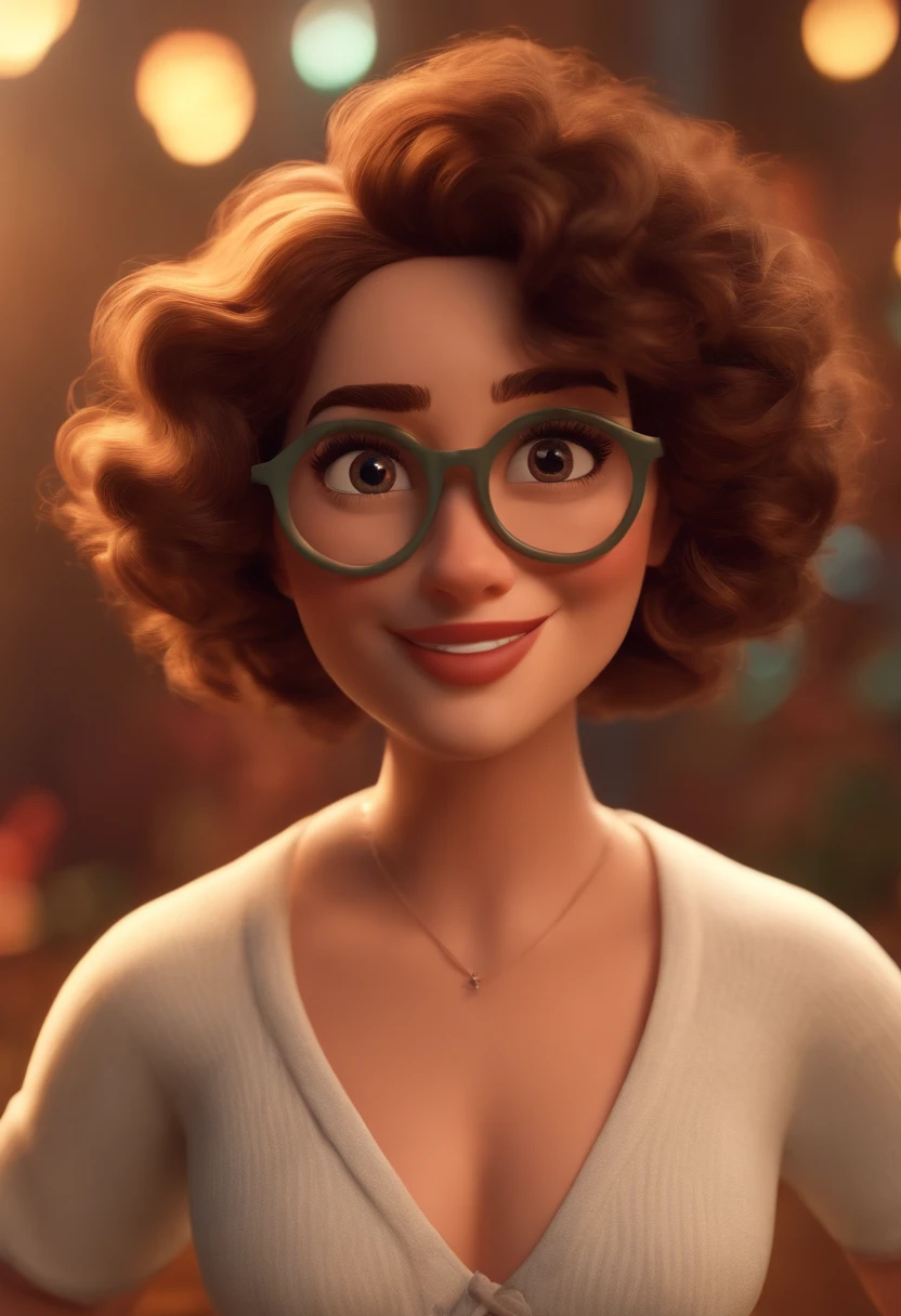 Pixar style image with 3D character white glasses brunette woman short curly hair dancing, Maquiagem Disney,Pescador, bonitinho, sorridente ,Close-up, Pixar, Disney, Cinema lighting,