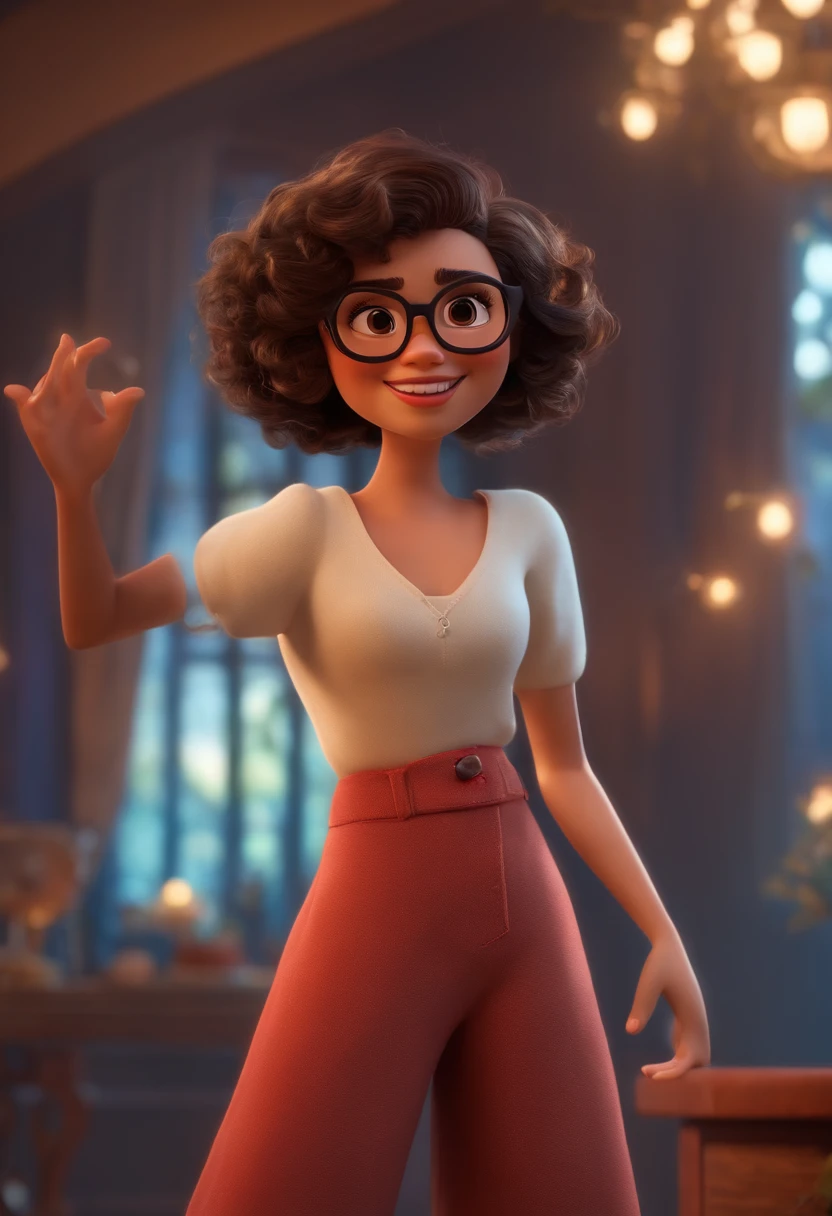 Pixar style image with 3D character white glasses brunette woman short curly hair dancing, Maquiagem Disney,Pescador, bonitinho, sorridente ,Close-up, Pixar, Disney, Cinema lighting,