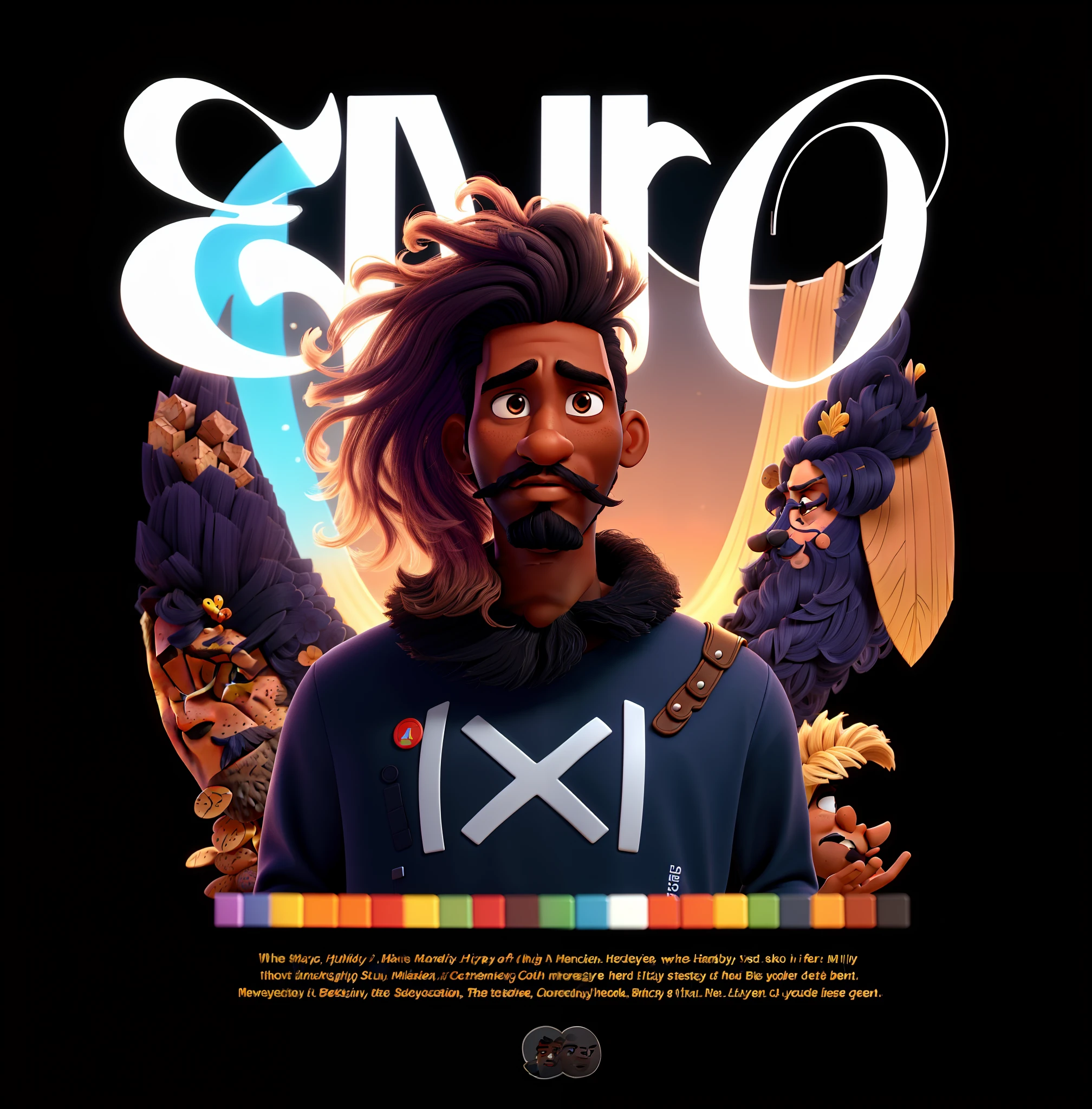 A dark-skinned man, Disney Pixar style, male hair with long bangs, full big beard, mustache, high quality, best quality