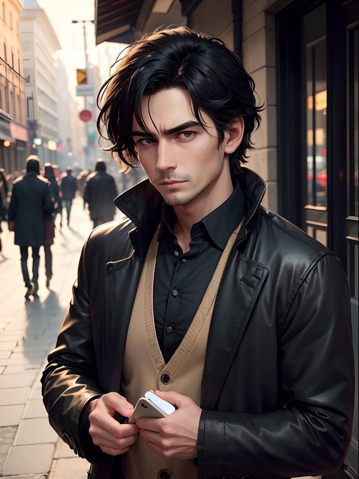 man in street,man in crowd,man,1man,portrait,Deep eyes
A head of slightly messy black hair
Some haggard countenance
A calm expression
The slight wrinkles reveal the vicissitudes of the years
A well-defined chin
Slightly lowered shoulders
There was a hint of worry and sadness in his eyes
Dress modestly, perhaps a dark coat or shirt
There are no bright colors, more towards neutral or dark tones
A small object, such as a cell phone or a book, may be held in your hand or pocket as a way to comfort or isolate the outside world,4k,detailed