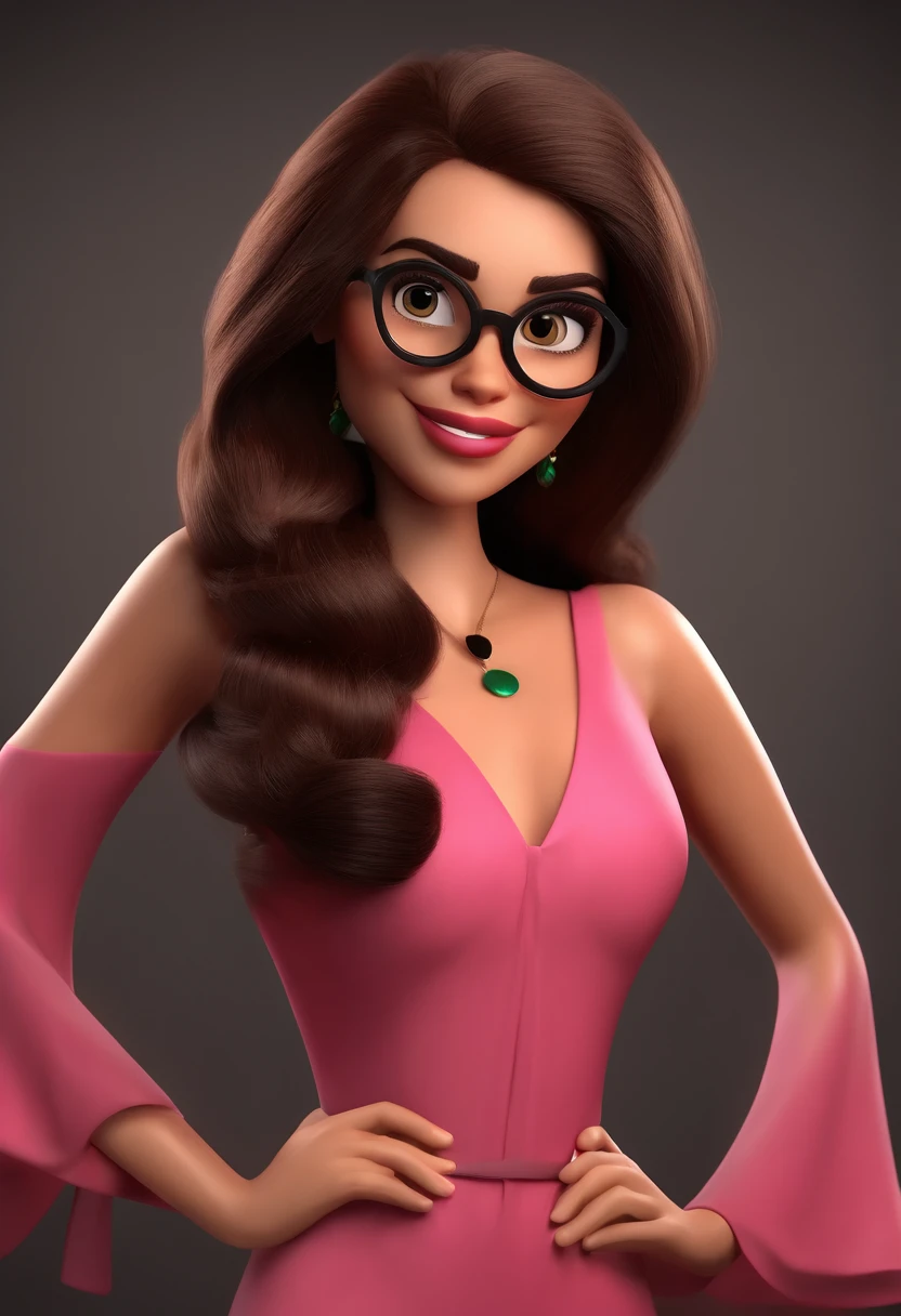 Poster inspired by Disney Pixar films with the title Natalia, Cartoon character of a woman with long straight brunette hair and brown skin with black oval glasses and a low-cut pink dress, animation character, Caractere estilizado, animation style rendering, 3D estilizado, Arnold Maya render, 3 d render stylized, toon render keyshot, Personagem 3D, Personagem 3D, 3d rendering stylized, 3 d character render, personagem de desenho animado, Personagem de close up, Pose de personagem, (Estilo Pixar) (master part:1.2) (Bokeh) (best quality) (pele detalhada) (textura detalhada) (8k) (argila) (Cinematic lighting) (foco nítido