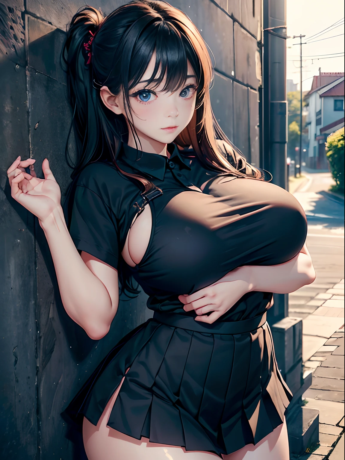 A  girl、(​masterpiece:1.4)、(in 8K、realisitic、Raw photo、top-quality:1.4)、(Real Face:1.4)、(real looking skin:1.3)、超A high resolution、A hyper-realistic、Eyes in Beautiful Details、Black shorthair、耳环、White collared shirt、no-bra、Dark blue pleated skirt、(huge-breasted:1.5)、cleavage of the breast、gargantilha、Blushing、alluring face、Stand against the wall、bag