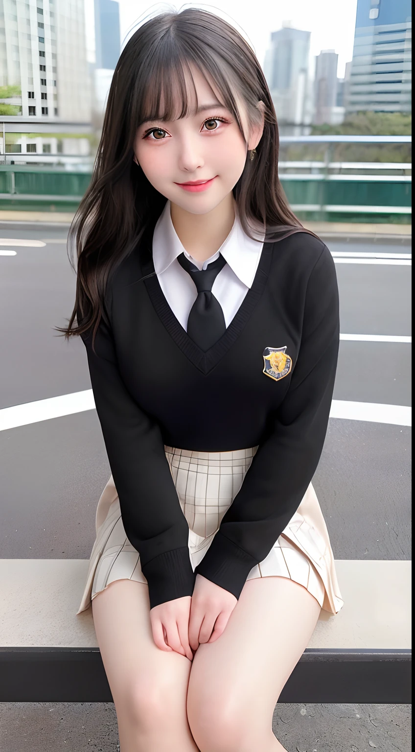 higtres,realistic,best quality, masterpiece,high-contrast,
1girl,school uniform,
(beautiful detailed face and black eyes),(beautiful detailed body),,blush,smile,open mouth,sitting,thin thighs,legs apart,
night,outdoors,Tokyo city,sky,bridge,midnight,Star,