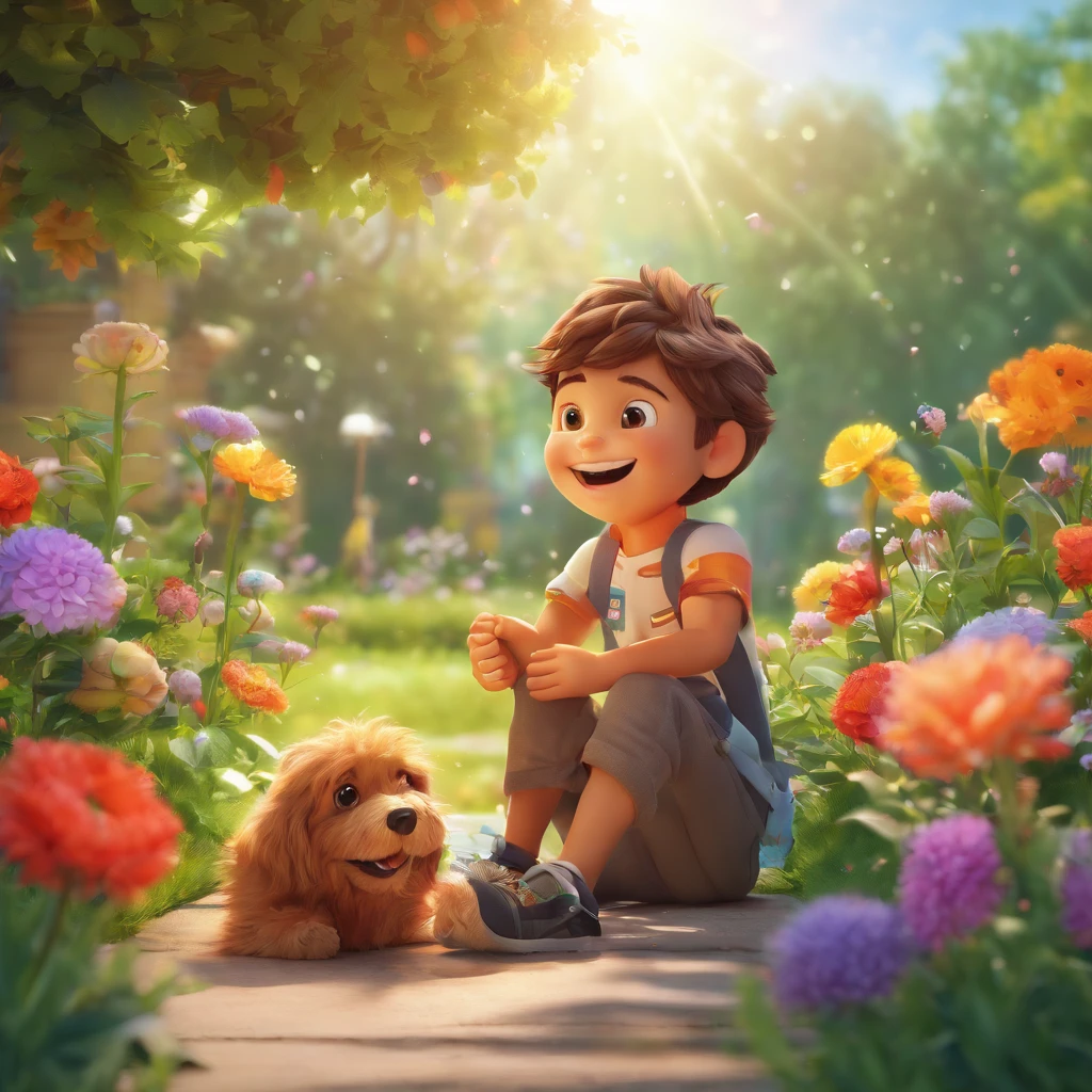 A smiling 5-year-old human boy, Lucas, with his loyal friend, Bolt, the Schitzu dog, lying in the garden, (best quality, 4k, highres, masterpiece:1.2), capturing the youth and innocence in their eyes, (realistic, photorealistic:1.37) depicting every little detail on their face and body, long eyelashes fluttering as they look towards a distant horizon. The artwork is created using a combination of illustrations and vibrant colors to portray a lively atmosphere. The garden is filled with blooming flowers and lush greenery, providing a peaceful backdrop. The sunlight streaming through the trees creates a soft and warm glow, illuminating the scene with a sense of tranquility. The artist's attention to detail is evident in the intricate textures of the flowers, the furry coat of Bolt, and the playful expression on Lucas's face. The artwork showcases a seamless blend of traditional and modern art techniques, resulting in a visually stunning and emotionally captivating masterpiece.