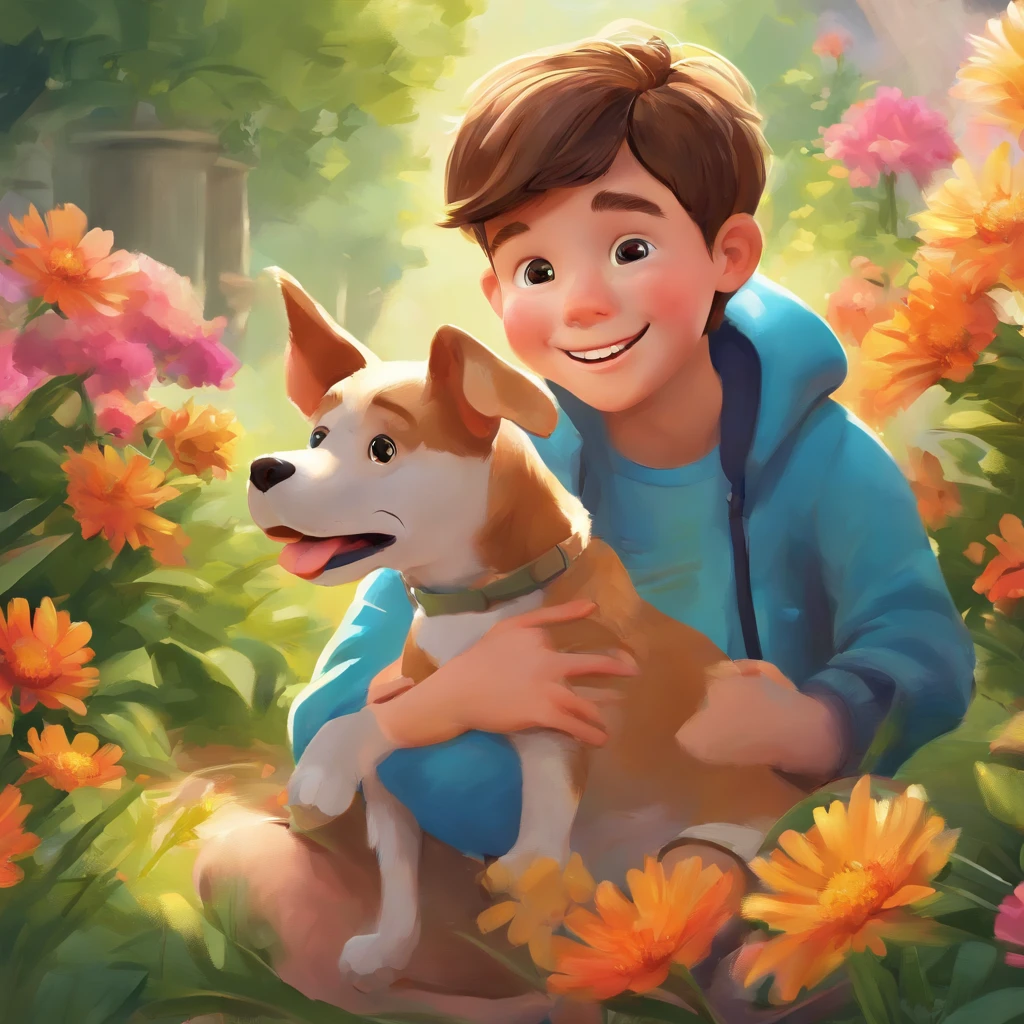 (lively garden, outdoor sunlight, vivid colors),(realistic portrait:1.2) Lucas,5--old with a cheerful smile, is lying in a beautifully maintained garden with his faithful companion Bolt, the schnauzer dog. Lucas has (bright, expressive eyes),(innocent and joyful facial expression) as he enjoys the warmth of the sun. Bolt, with its (curly fur, intelligent eyes), is lying next to Lucas, sharing a special bond. The garden is filled with various (colorful flowers, lush green grass), creating a lively and vibrant atmosphere. The (golden rays of sunlight, soft breeze) illuminate the scene, adding an enchanting touch to the moment. The artwork is created in (oil painting) style, capturing every intricate detail of Lucas and Bolt, bringing them to life on the canvas. The (beautifully vibrant colors) and (sharp focus) further enhance the (happy, playful) atmosphere, evoking a sense of joy and warmth. The overall composition is balanced, with Lucas and Bolt positioned in a relaxed and comfortable pose, inviting viewers to experience the love and companionship shared between a child and his loyal pet, in a tranquil garden setting.