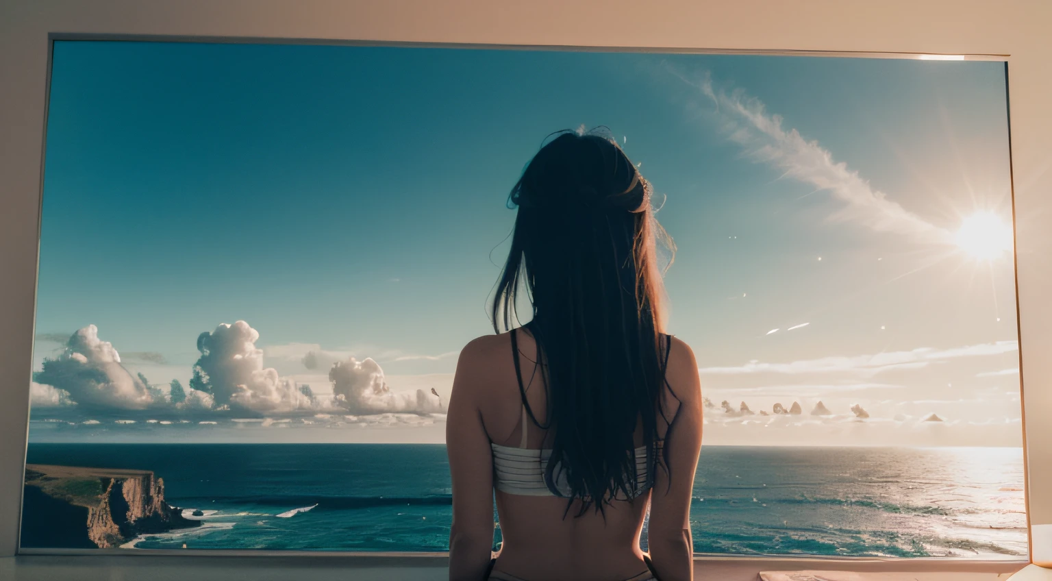 Capture um momento sereno de um um homem e uma mulher, With your back to the camera, em um apartamento luxuoso na cobertura, observando o nascer do sol sobre um oceano calmo e sem nuvens. Use a resolution of 16:9 to enhance the panoramic view of the sea, das ondas suaves e da praia deserta abaixo. Lighting should be soft and golden, focando no brilho do nascer do sol que banha o casal e o interior do apartamento, criando uma atmosfera calorosa e acolhedora. Aspire a um realismo meticuloso no estilo, paying special attention to details such as the movement of hair in the wind and the reflection of the sun on the ocean, with subtle post-processing to bring out the brilliance and add a touch of magic to the captured moment. Inspirando-se nas fotografias emocionais de Annie Leibovitz.