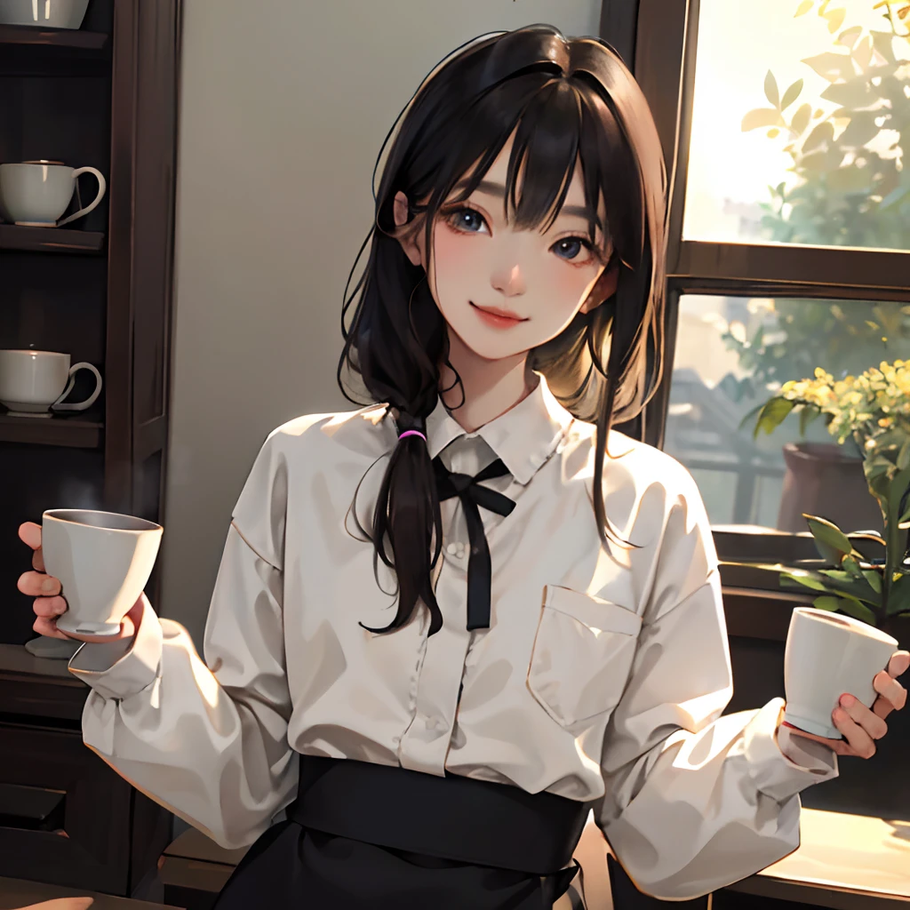 (masuter piece:1.2、top-quality)、(Real Photographics、intricate-detail)、独奏、1、Home、facial close-up、The shirt、(Front Focus)、looking at me、Bangs Morning Coffee、Cheerful smile、Long