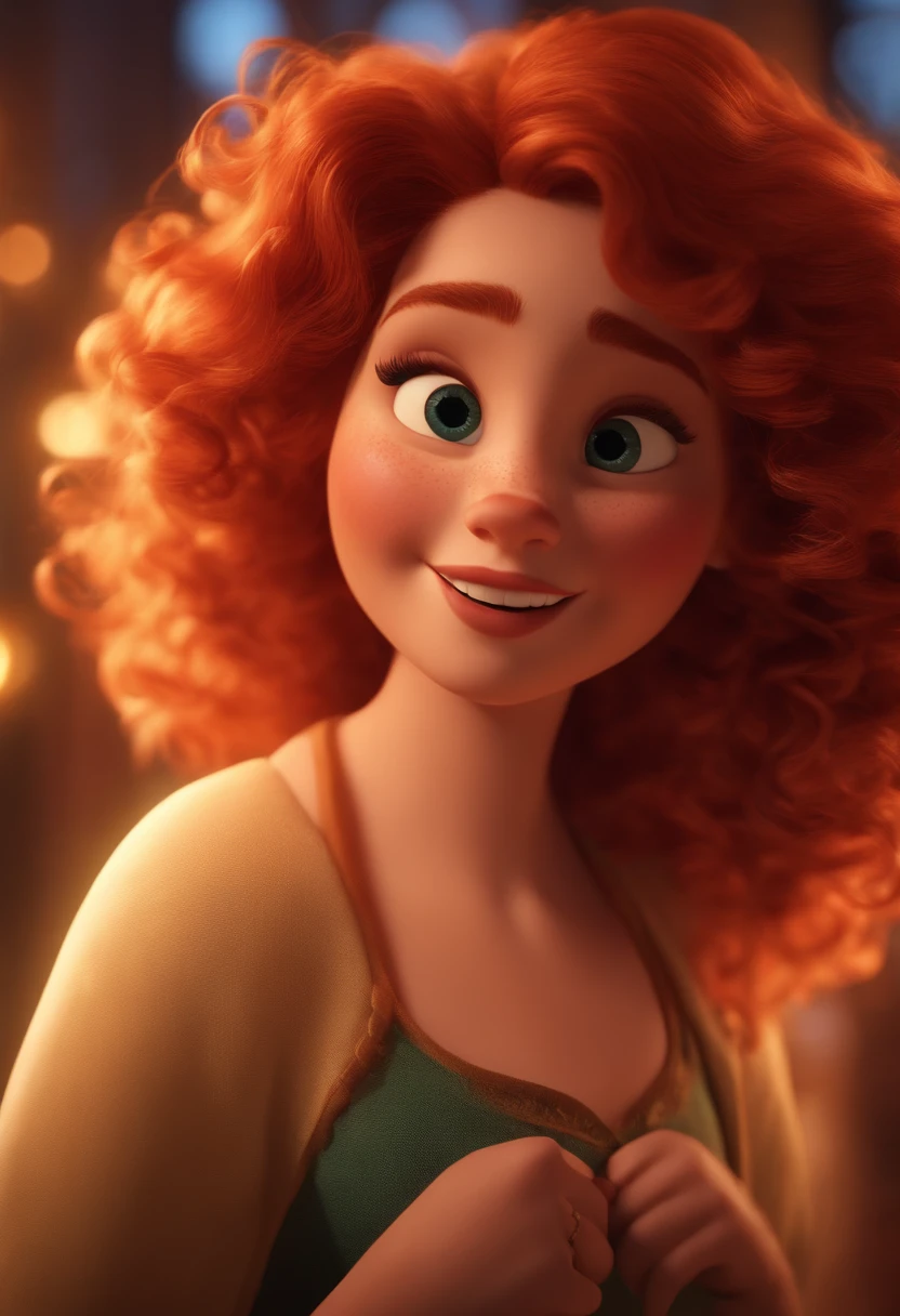 Pixar style image with 3D character redhead woman curly hair dancing, Maquiagem Disney,Pescador, bonitinho, sorridente ,Close-up, Pixar, Disney, Cinema lighting,