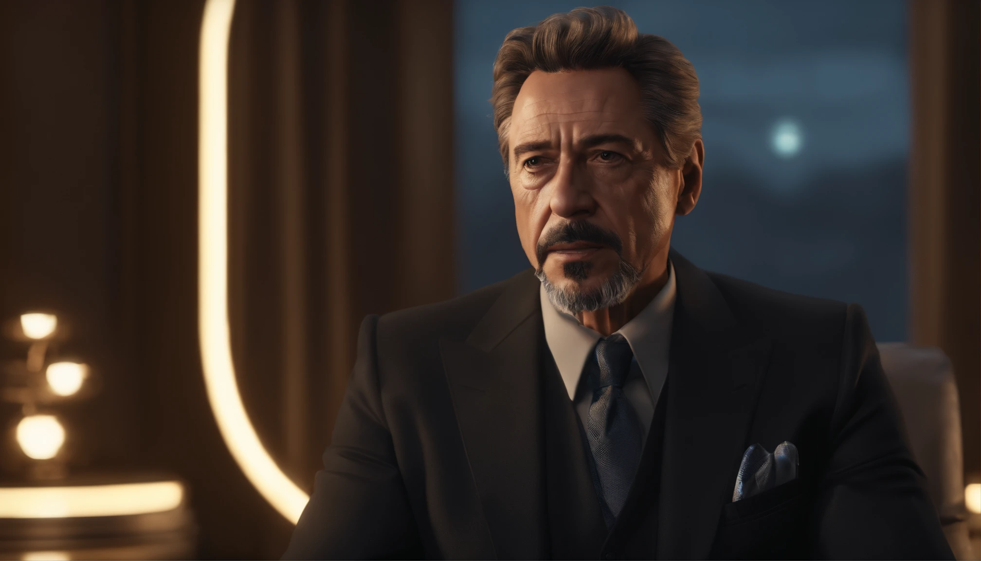 Marvel, Old man Tony Stark, realistically, dynamic lights, old, gray stubble, full shoot, (extremely detailed CG unity 8k wallpaper), trending on ArtStation, trending on CGSociety, High Detail, Sharp focus, dramatic, photorealistic