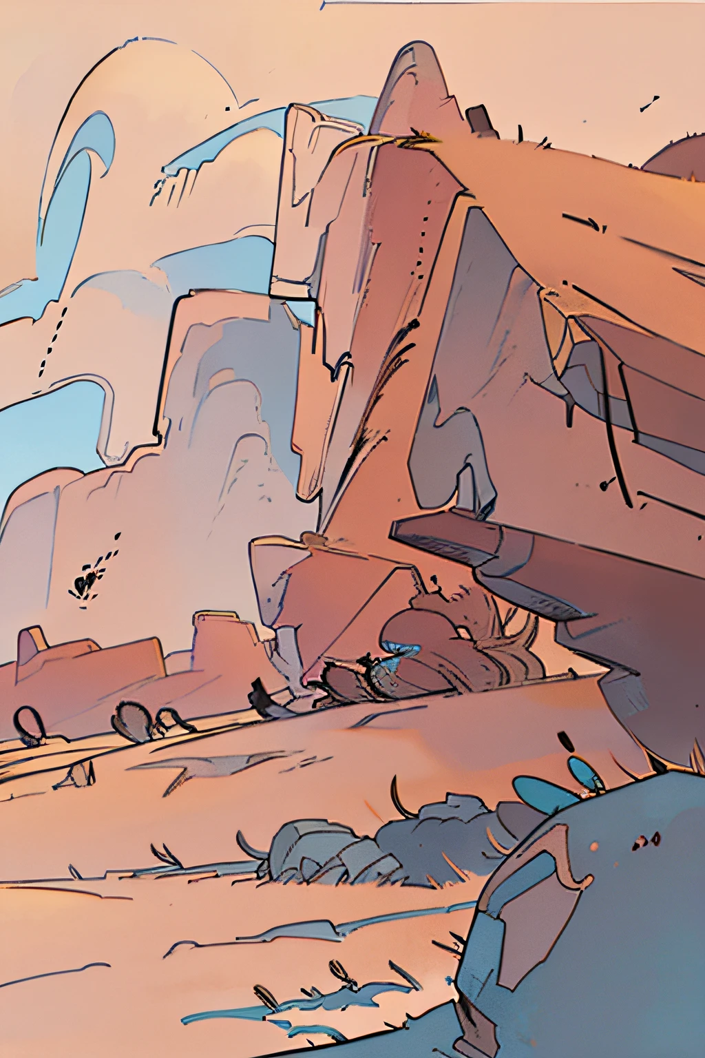 american comic, single panel, desert scene, whispyy clouds, no people, hills, no grass, rocks, clouds, monochrome, degraded, dying, brown, orange, airy, southwestern desert, no buildings, no roads, no civiilization, cacti, monument valley