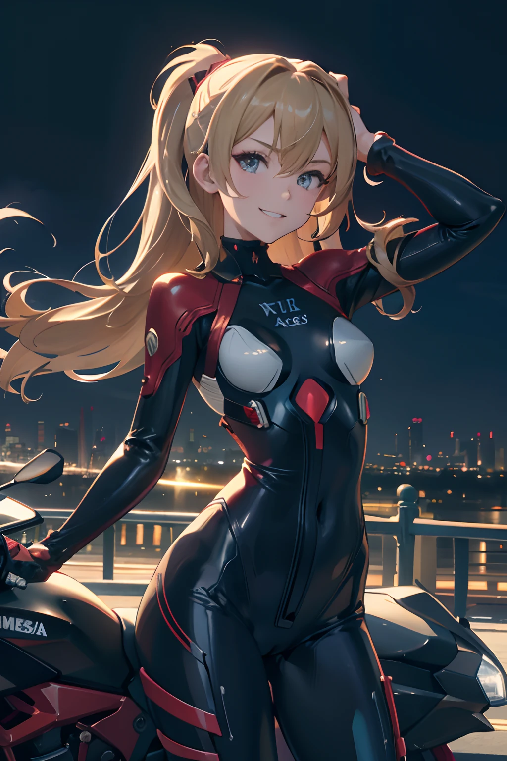 Official art, Unity 8k Wallpapers, ultra-detailliert, Beautifully Aesthetic, ​masterpiece, top-quality, realisitic, a closeup, Skindentation, Souryu Asuka Langley, Interface headset, bodysuit under clothes, A detailed eye, A detailed face, detailed hairs,blondehair， black backgrounds, straight-on, looking at the viewers, The sheen, top-quality、8K、hight resolution、​masterpiece、(portlate:0.6)、Kawasaki motorcycle riding through the city at high speed,(slow motion:1.3),(Motion Blur:1.3),(SPEEDLINE:1.4),Sense of speed,1girl in,Sparks and smoke coming out of tires、A dark-haired、Middle hair、(grinning evily:1.3)、(Look at viewers:1.3)、(bokeh dof)、18year old、