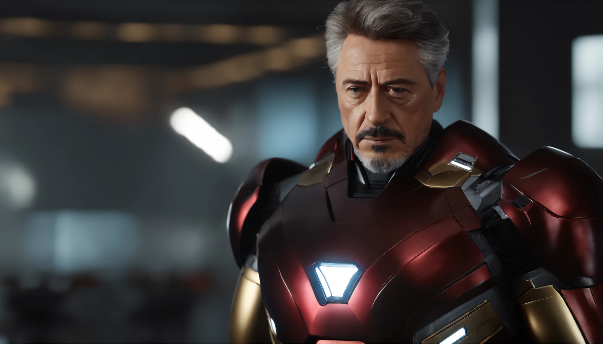 Marvel, Old man Tony Stark, realistically, dynamic lights, old, gray stubble, full shoot, (extremely detailed CG unity 8k wallpaper), trending on ArtStation, trending on CGSociety, High Detail, Sharp focus, dramatic, photorealistic