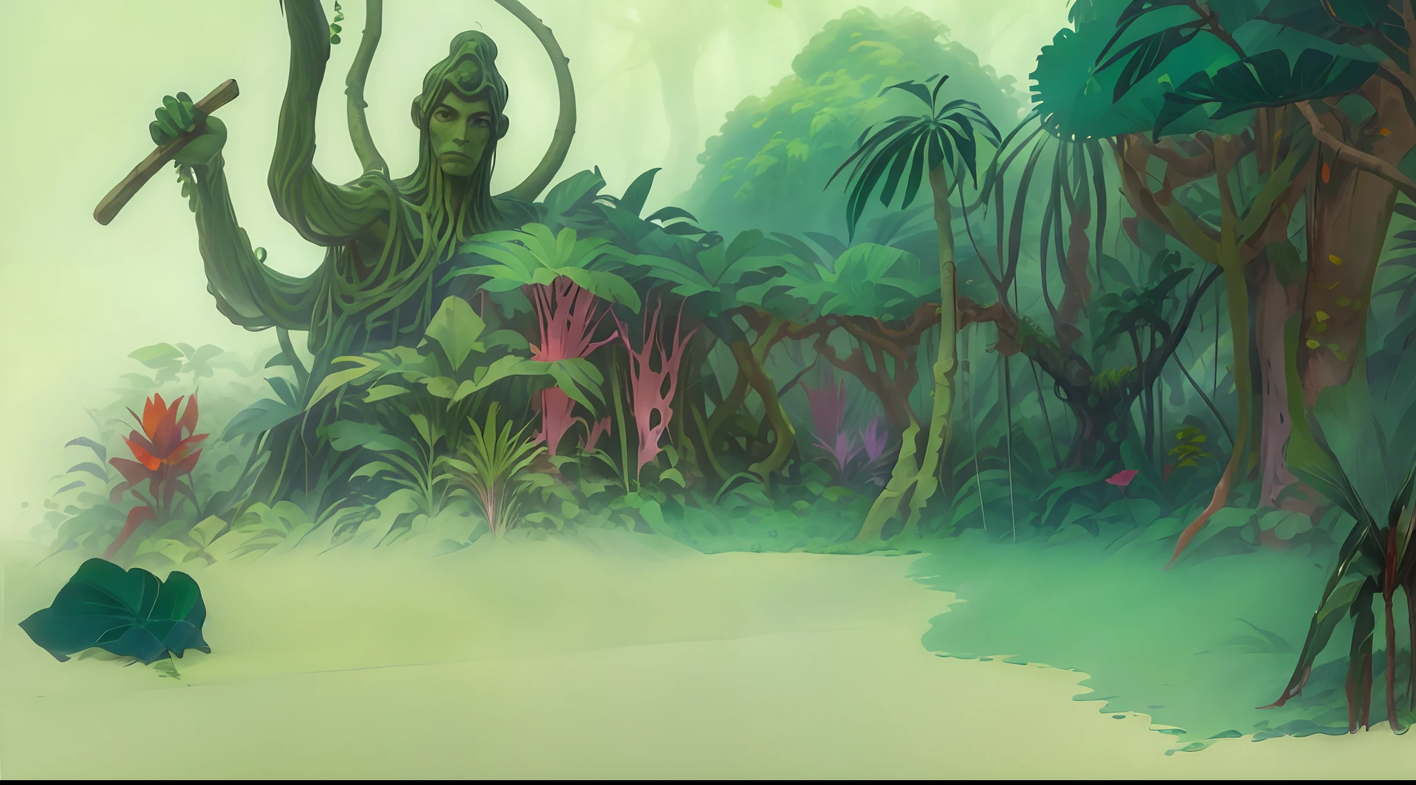 cartoon of a man holding a stick in a forest with a lot of trees, the jungle at the background, jungle in background, art nouveau jungle environment, jungles in the background, background jungle, an alien jungle, temple background, ancient alien jungle, alien forest in background, the background is lush jungle, background artwork, in the background is lush jungle, jungle background