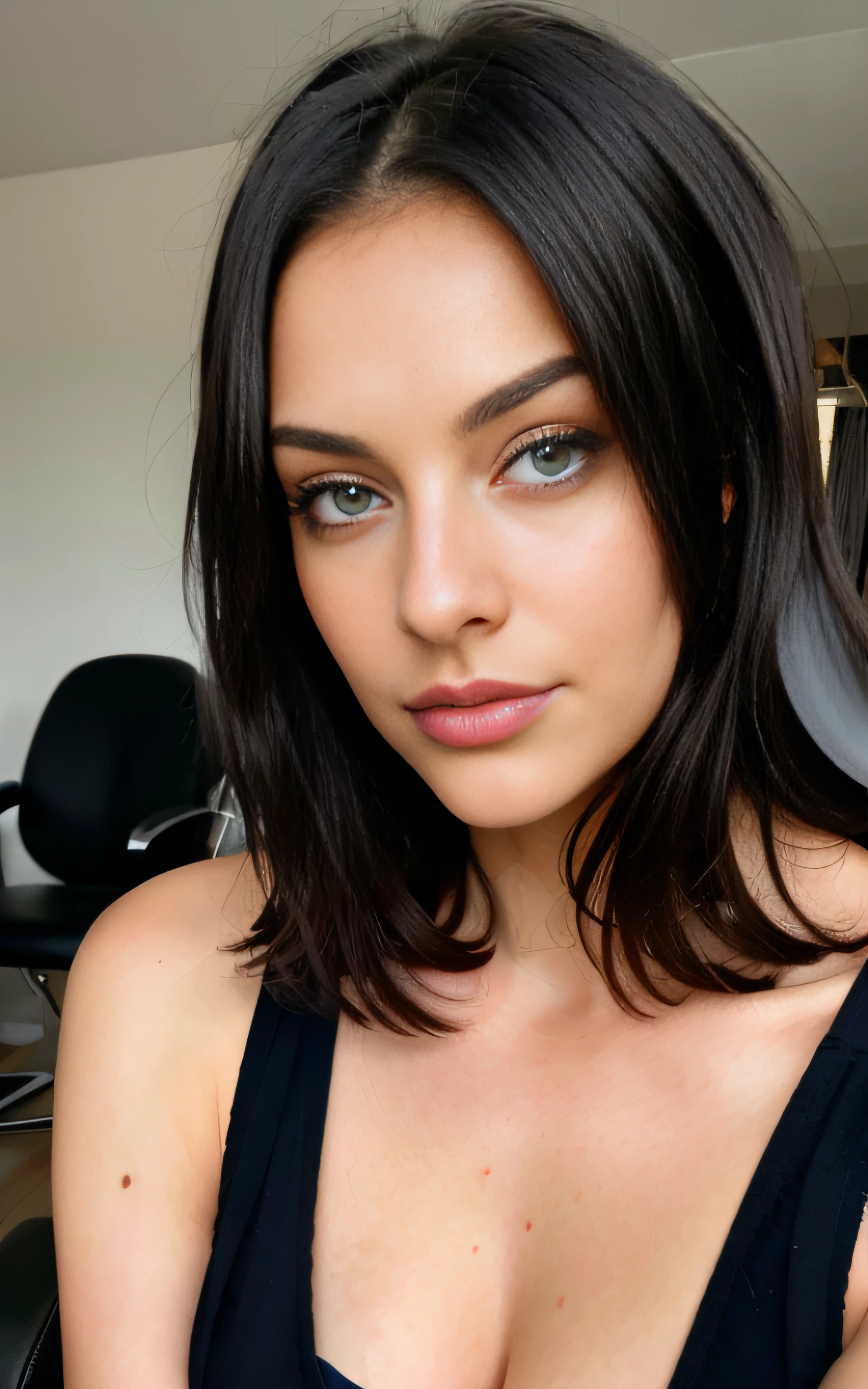 beautiful black-haired, young shy, blue eyes, covered with apron, at hairdresser's, sits on chair, dyes hair black, shy, masterpiece, best quality, ultra detailed, solo, smoke, shadows, contrast, close-up, good light, ultra high, selfie, resolution, best shadow, RAW, 2k, sexy, cleavage