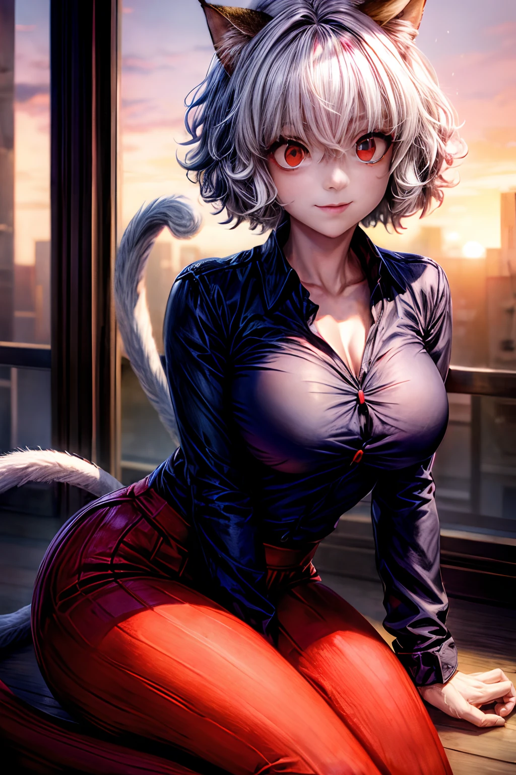 neferpitou, short hair, (red eyes:1.5), animal ears, hair between eyes, tail, white hair, cat ears, cat tail, cat girl, curly hair, blue shirt, big size breast, cute smile