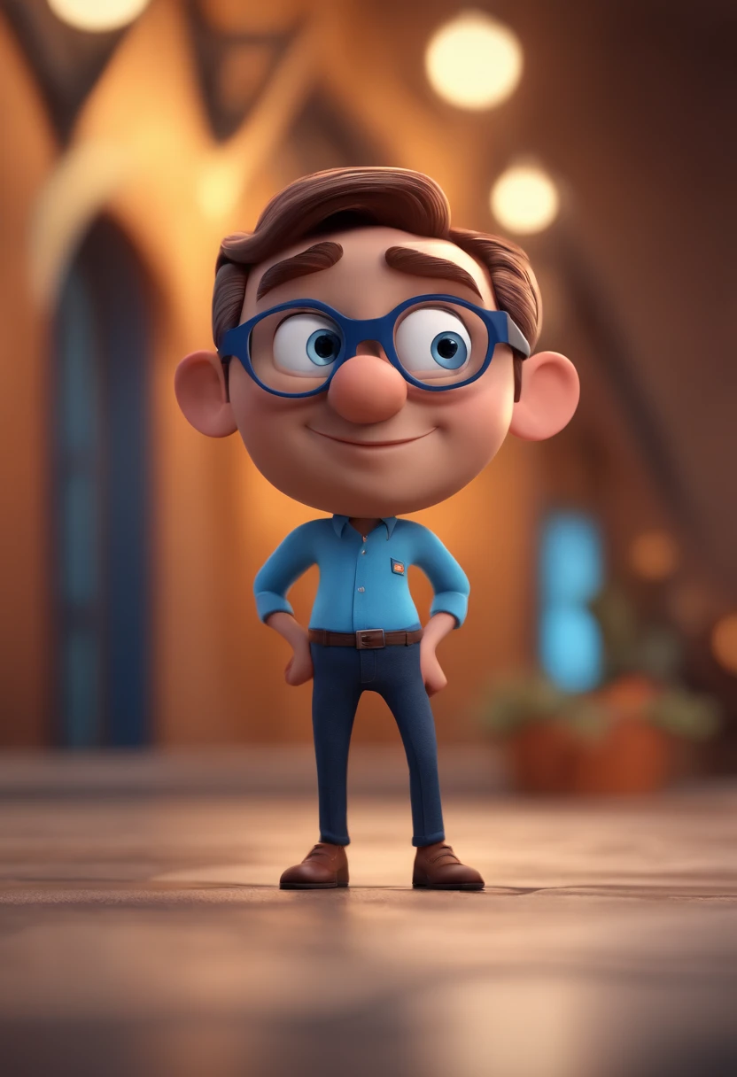 Cartoon character of a man with black glasses and a blue shirt, animation character, Caractere estilizado, animation style rendering, 3D estilizado, Arnold Maya render, 3 d render stylized, toon render keyshot, Personagem 3D, Personagem 3D, 3d rendering stylized, 3 d character render, personagem de desenho animado, Personagem de close up, Pose de personagem, (Estilo Pixar) (master part:1.2) (Bokeh) (best quality) (pele detalhada) (textura detalhada) (8k) (argila) (Cinematic lighting) (foco nítido