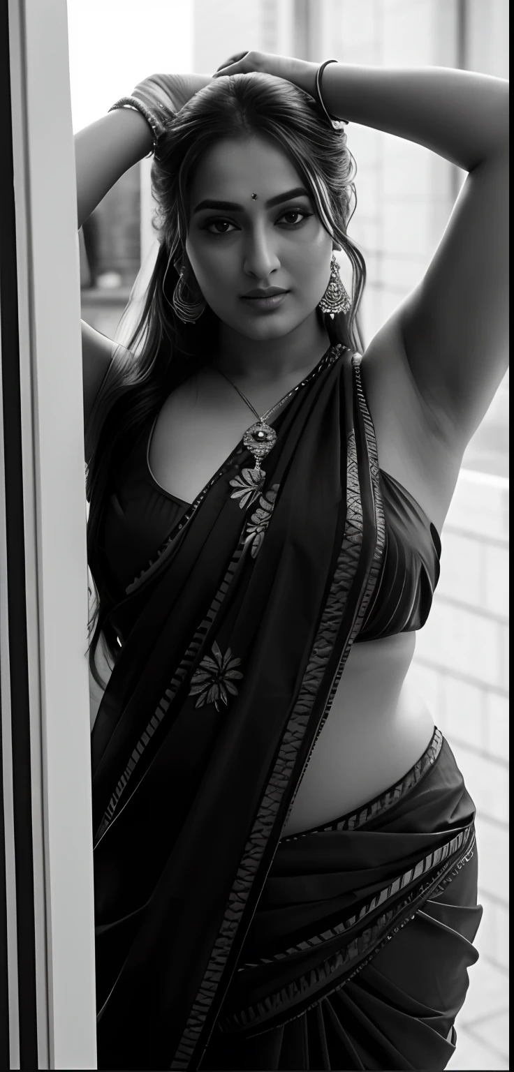 Foto RAW, photorealistic, photography, full body shot, master shot, Wearing a Stanapatta, a chest-band.Saree model, model Photography, Indian saree shoot, Indian traditional wear advertising photography, traditional wear brand shoot, face of Indian actress Sonakshi Sinha, masterpiece, realistic, realism, incredible details, sensual pleasure, photorealism, detailed skin, skin pores, high contrast, photorealistic Artstation 8k HD digital art trend of high definition and detailed realistic skin texture, ultra detail, realistic skin texture, armature, best quality, ultra high definition, (photorealistic:1.4),, high resolution, detail, raw photo, Re sharp, by Lee Jefferies Nikon D850 Film Stock Photo 4 Kodak Portra 400 Camera F1.6 Lens Rich Color Ultra Real Realistic Realistic Textures Dramatic Lighting Unreal Engine Trending at Art Station Cinestill 800,(pele altamente detalhada: 1.2), 8k UHD, DSLR, soft-lighting, alta qualidade, grain of film, Fujifilm XT3,she didn't require a blouse,