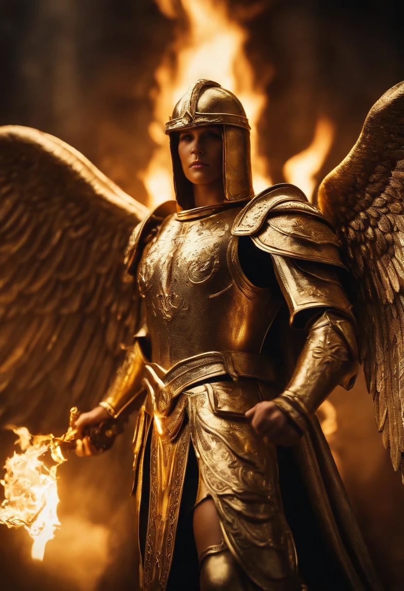 ((the Justice angel)),(take flame blade reflect dizzle light),burnning up in fire,equiped with golden armer,shinning eyes,background in holy gold color