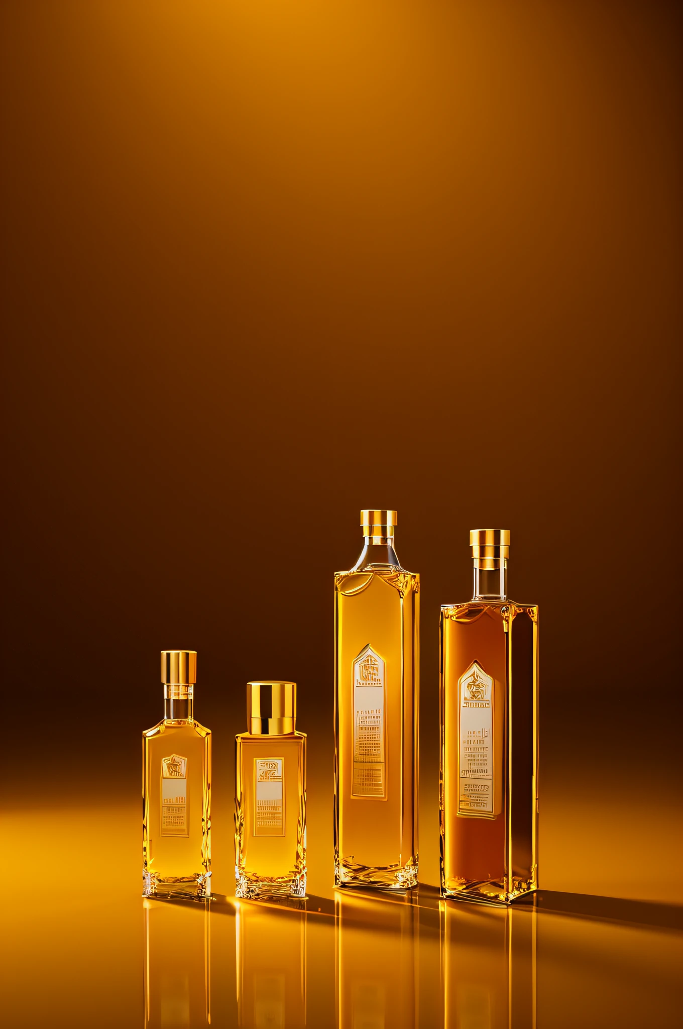 Bottles of expensive spirits, 3D Product Rendering, Luxury, 4K Golden Liquid Bottle Product Scene Placed next to the glass golden color background a room