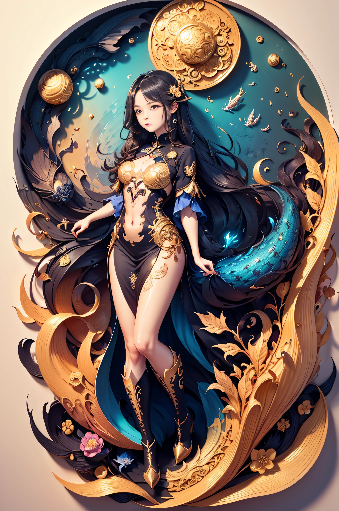 masterpiece, top qualtiy,offcial art,Beautiful and aestheti,Girl dressed in Japanese,Long hair and long flesh,das boot,deck,Huge sea creatures,Extremely detailed,Colorful,Beautiful and aesthetic,zentangle, datura,Tangles,entangled,holy rays,gold foil,Gold leaf art,glitter drawing, PerfectNwsjMajic,Chinese ink painting, painting, ink and watercolour painting, delicate