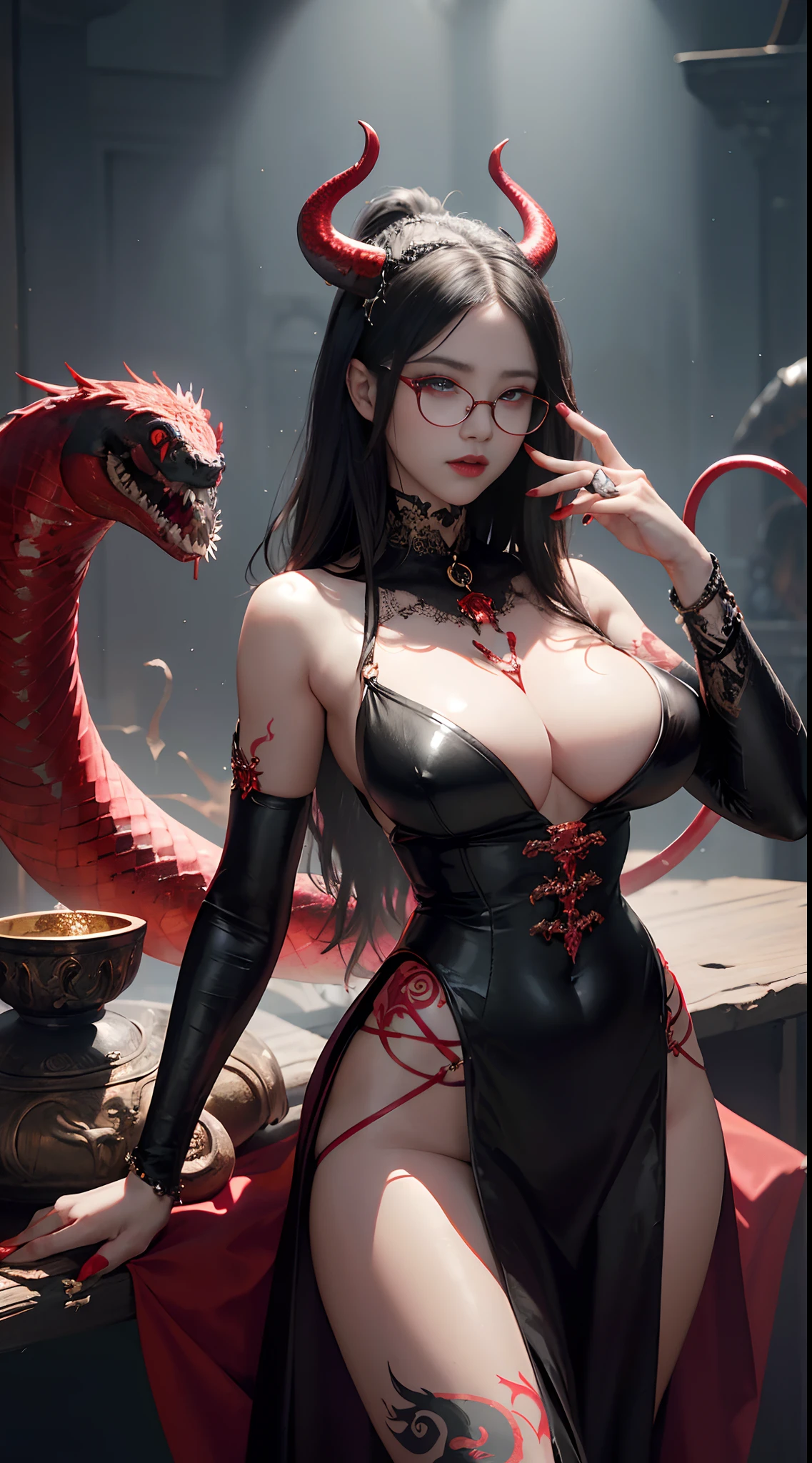 Fine、(The best illustrations)、8k UHD resolution、intricate-detail、top-quality、realisitic、ultra-detailliert、The best lighting、Best Shadows、Soft lighting、Ulutra HD、Ultra-realistic、Tindall Effect、Photorealsitic、(High Detail Skins:1.2)、 (Intricate details, makeup, pureerosface_v1:0.5), (Detailed beautiful delicate face, Detailed beautiful delicate eyes, A perfectly proportioned face, High detailed skin, Detailed skin, best ratio four finger and one thumb, arms below breasts, Tattoo with a red glow under the stomach、Awesome awesome, wide hips, smooth midriff, skiny and thin, __Fashion__, __hair__:1.25)、Digital SLR、 absurderes、1 beautiful devil woman from hell, surreal female portraits by David Hockney and Alphonse Mucha, Portrait of a seductive woman、Fantasy Art, Chinese Doll、Chinese actress、Dungeon、The dragon、Devil's Palace、Devil's Torture Chamber、natta、Dark style 、In the Dark、(Detailed spooky backgrounds:0.8), magia、 1人、Evil Nun、Dark Necromancer、Succubus、Devil's Daughter、Umi Shinonome、Bat Wings,(((Demon Horns)))、 ((((Huge glasses, Otaku Glasses, thick glasses, Round glasses)))),(((Colossal tits)))、(Devil's Tail)、(red eyes glowing:1.6)、red eyes make up very sharp and detailed, The eyes are very well made up, ((Red Eye:1.0)),intricate tattoos, demonic intricate tattoos, thigh tattoos, body tattoos, masterpiece、The most beautiful face、a baby face、Charming smile、plump beautiful red lips、Muscular seductive body、The enchanting body of the devil、devil style、Seductive Black Magic Costume、(((A shiny red snake is wrapped around her body)))、The long-haired、Braids、Black hair、Ponytail distortion、, Ponytail with a bow tied at the back of the hair, Beautiful expression、Body Up、Large breasts emphasis、Bust, Super tight breasts, Breast augmentation surgery, The breasts are very big and round and round,Toned waist、Wide buttocks、 lowkey, cowboy lens, (red phoenix dress: 1.0), devil crown, Red sparkling gemstone necklace、Jewelry Gwise, wearing black mesh socks,Wear light red、nffsw,