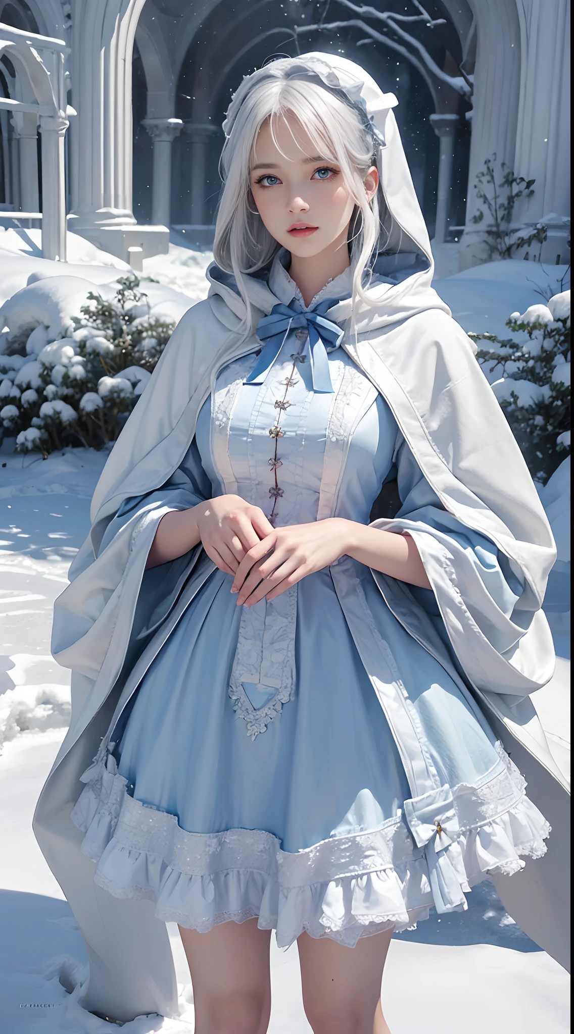 Photorealistic, high resolution, 1 Women, Solo, (Lolita costume)，Gorgeous costumes，Face the audience，The upper part of the body，upper legs， beautidful eyes, White hair, ringed eyes, (outside，Heavy snowfall，Cloak，Cover with snow)，snowfield，Blue eyes，Illustrations of the highest quality，A meticulous face