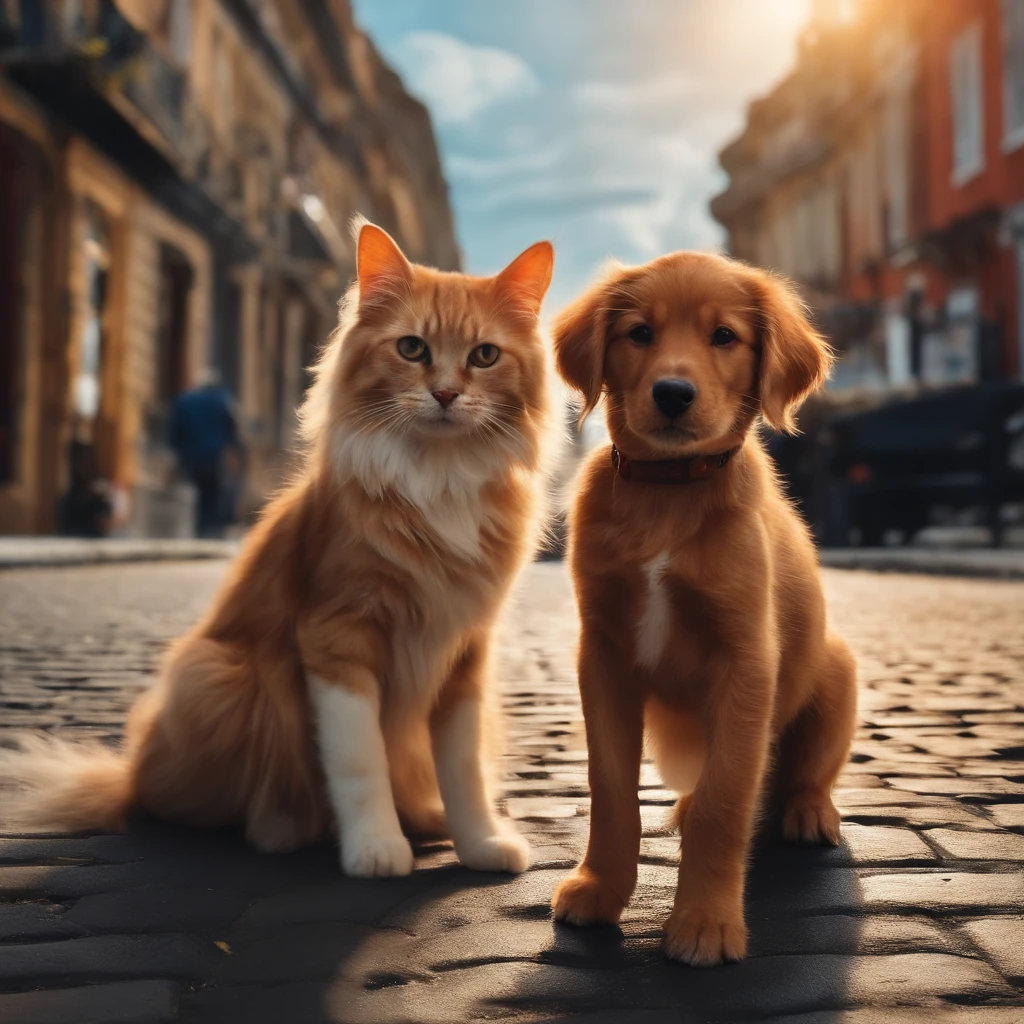 A dog and cat on the street