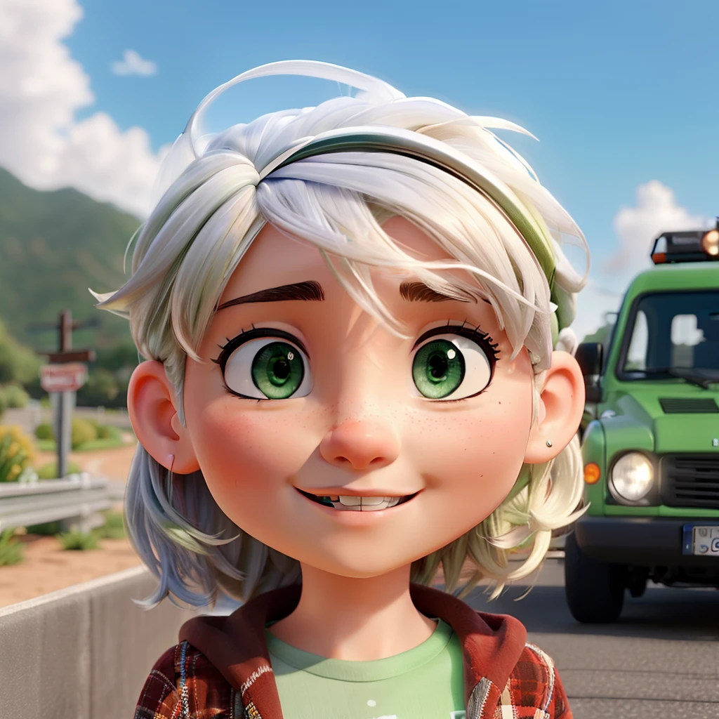 (best quality,4k,8k,Altas,master part:1.2),ultra-detalhado,(Realistic,fotorrealista,photo-realistic:1.37), homem de 28 anos, olhos verdes, expression joyful, cabelo curto, white hair, cavanhaque, alto, muito magro, vegano, roupas elegantes, motorista de carro