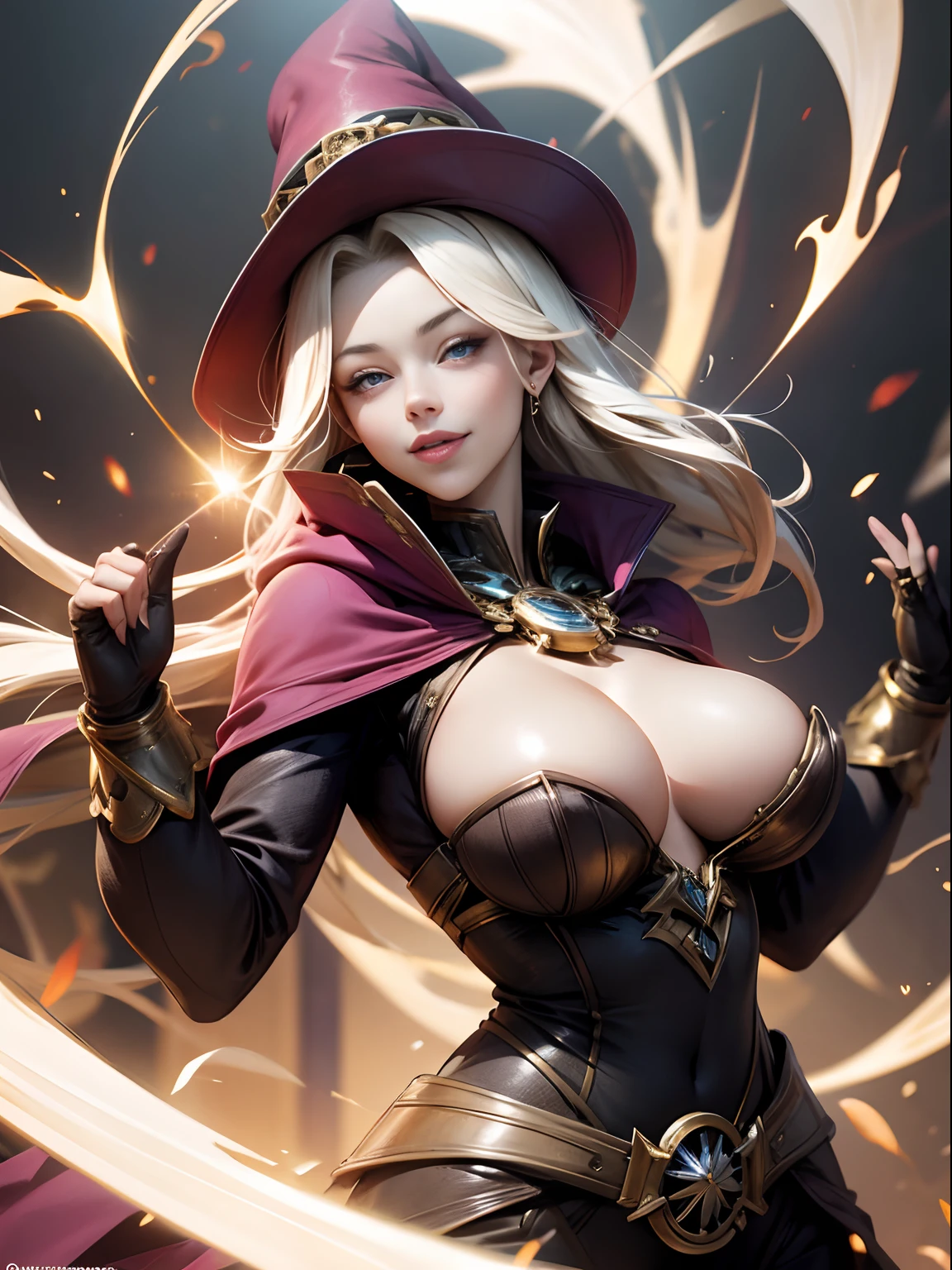 alchemist, beautiful woman (( Scarlet Johnson: Amber Heard:0.6)) , smiling, big breasts, flashy effects
