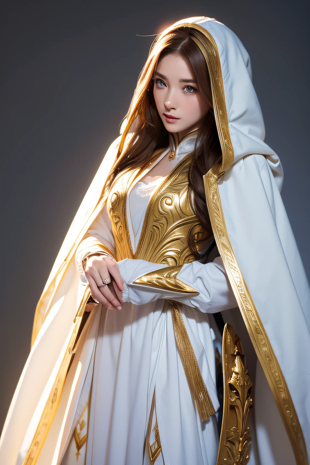 Full body shot of 30-year-old Princess Zelda, Brown hair, Blue eyes, Dressed as an Assassin from Assassin's Creed, in white+White mask on golden background、Gold details at hood, XL Bust, Using the Wrist Blade. ((Background: Renaissance cities. unreal enginee 5)), Anime, Anime style, masutepiece, well-drawn eyes, Well-drawn face, well detailed eyes, Well detailed face, 8K, light and shadow effect. Body Portrait、masterpiece, top-quality, hightquality, hight resolution