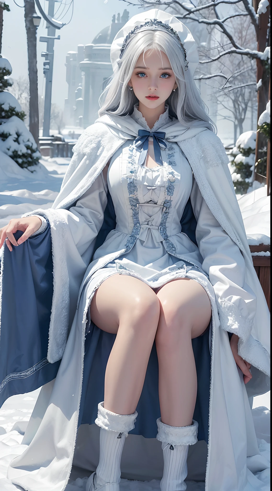 Photorealistic, high resolution, 1 Women, Solo, (ta costume),Gorgeous costumes,Face the audience,The upper part of the body,upper legs, beautidful eyes, White hair, ringed eyes, (outside,Heavy snowfall,Cloak,Cover with snow),snowfield,Blue eyes,Illustrations of the highest quality,A meticulous face