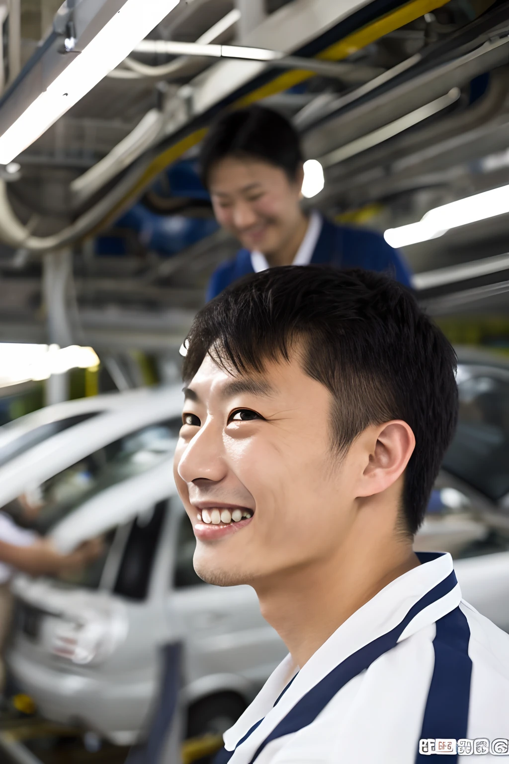 Japan man is working with other staff members with a smile, We wear factory uniforms and helmets, Background of the car factory, Background of a clean and tidy factory, Background with a lot of men working, A detailed face, Milky, Detailed skin, Realistic skin details, Visible Pore,, High quality, White skin, Photorealism