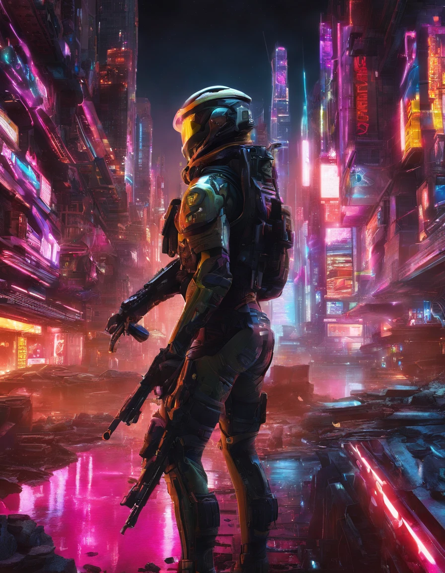 25 mm spring, cinematic film, injection, Front Upper Body View, Centered, Award-winning CGI, Perfect Angle, {(Cyberpunk Advanced Soldier:1.4), (Detailed advanced weapons), Fused Grid + bras, (actionpose), Detailed advanced helmet}, (Detailed dystopian gothic background destroyed city:0.7), domination, which are full of confidence, (Detailed, ultra-detailliert:0. 7, Finer details, Convoluted), Vivid colors, Photorealistic, Epic movie poster, (epic proportion, epic composition, Epic sci-fi, an epic fantasy), 3D Rendering, nffsw, octan render, Photorealistic, Hyper realistic, Volumetric lighting, neon reflections, reflection, Ray tracing, Global Illumination, depth of fields, soft shadow, Neon glow, Trending on ArtStation, hard disk, hard disk, 64 thousand, 128 thousand people, professional work, Master Parts, Greg Rutowski,
