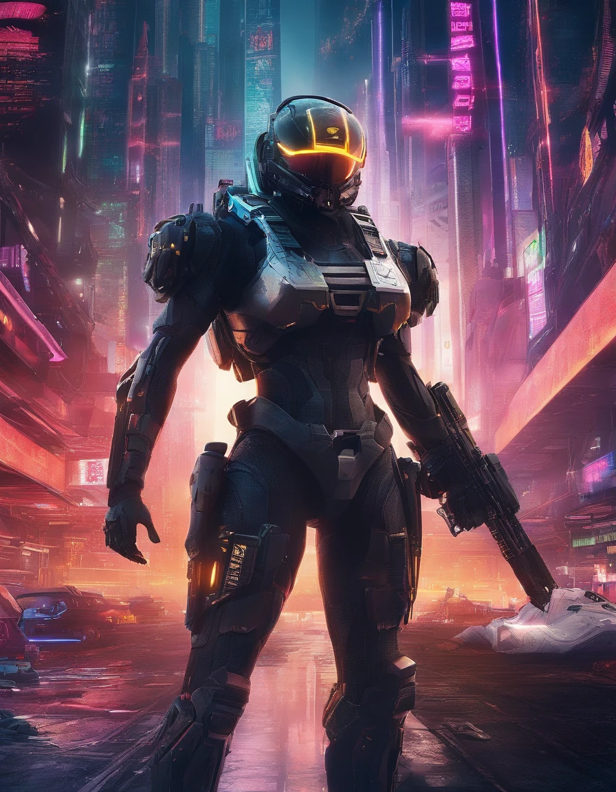 25 mm spring, cinematic film, injection, Front Upper Body View, Centered, Award-winning CGI, Perfect Angle, {(Cyberpunk Advanced Soldier:1.4), (Detailed advanced weapons), Fused Grid + bras, (actionpose), Detailed advanced helmet}, (Detailed dystopian gothic background destroyed city:0.7), domination, which are full of confidence, (Detailed, ultra-detailliert:0. 7, Finer details, Convoluted), Vivid colors, Photorealistic, Epic movie poster, (epic proportion, epic composition, Epic sci-fi, an epic fantasy), 3D Rendering, nffsw, octan render, Photorealistic, Hyper realistic, Volumetric lighting, neon reflections, reflection, Ray tracing, Global Illumination, depth of fields, soft shadow, Neon glow, Trending on ArtStation, hard disk, hard disk, ?? thousand, 128 thousand people, professional work, Master Parts, Greg Rutowski,
