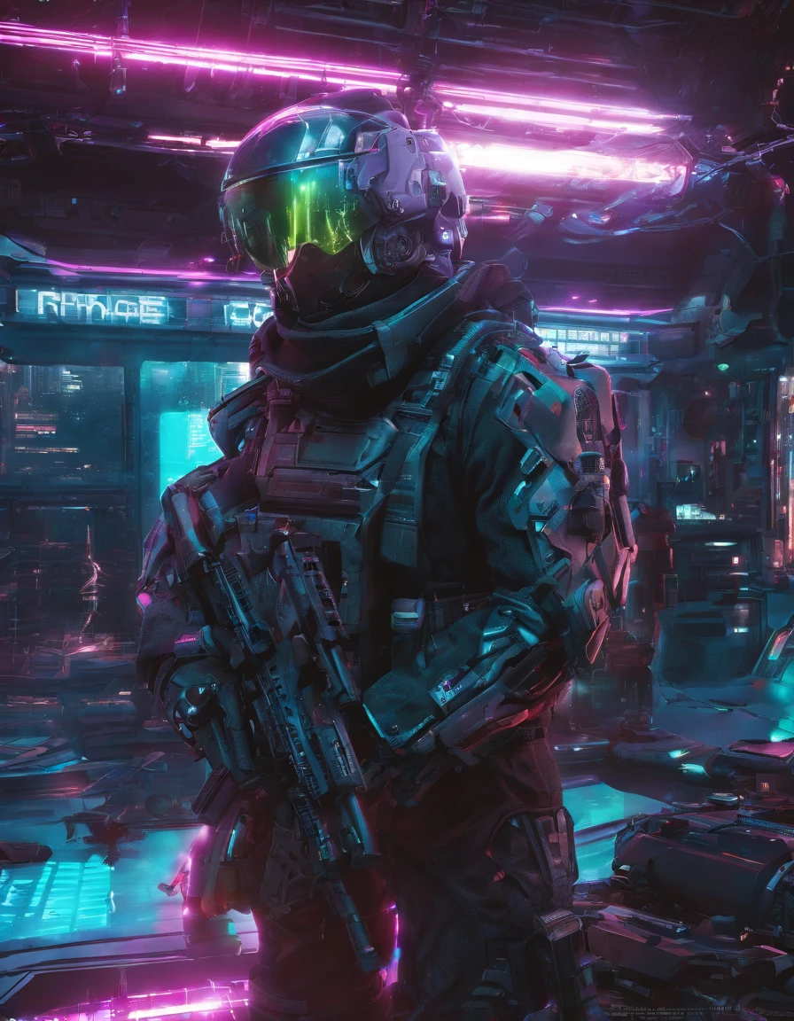 25 mm spring, cinematic film, injection, Front Upper Body View, Centered, Award-winning CGI, Perfect Angle, {(Cyberpunk Advanced Soldier:1.4), (Detailed advanced weapons), Fused Grid + bras, (actionpose), Detailed advanced helmet}, (Detailed dystopian gothic background destroyed city:0.7), domination, which are full of confidence, (Detailed, ultra-detailliert:0. 7, Finer details, Convoluted), Vivid colors, Photorealistic, Epic movie poster, (epic proportion, epic composition, Epic sci-fi, an epic fantasy), 3D Rendering, nffsw, octan render, Photorealistic, Hyper realistic, Volumetric lighting, neon reflections, reflection, Ray tracing, Global Illumination, depth of fields, soft shadow, Neon glow, Trending on ArtStation, hard disk, hard disk, 64 thousand, 128 thousand people, professional work, Master Parts, Greg Rutowski,